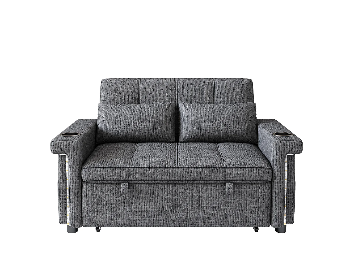 Canapé 2 places - avec éclairage LED - avec port de chargement USB/Type-C - avec dossier réglable - avec coussins, porte-gobelets et poches latérales - gris