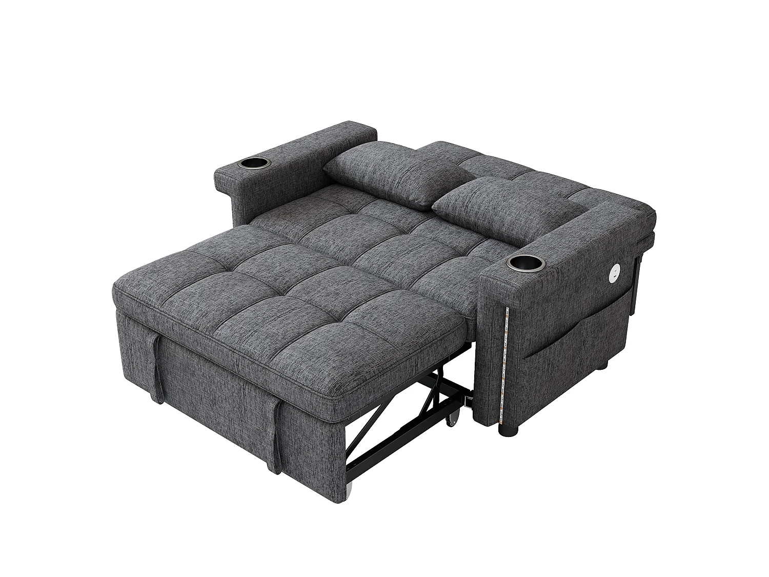 Canapé 2 places - avec éclairage LED - avec port de chargement USB/Type-C - avec dossier réglable - avec coussins, porte-gobelets et poches latérales - gris