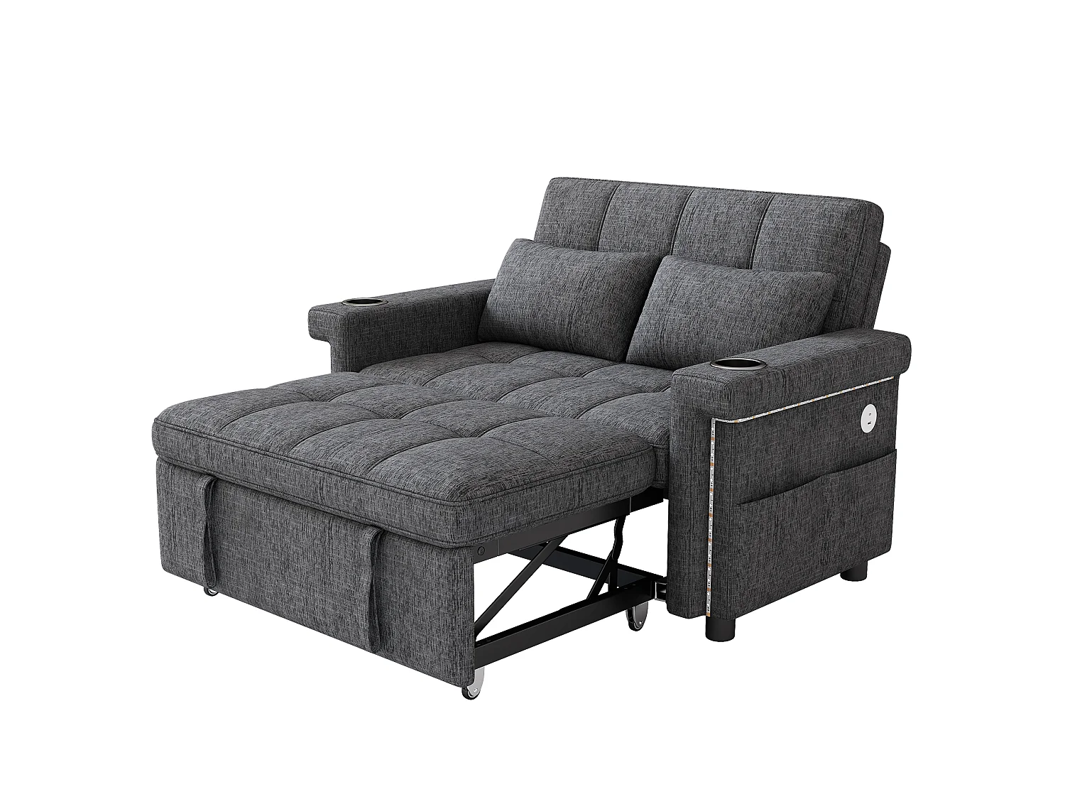 Canapé 2 places - avec éclairage LED - avec port de chargement USB/Type-C - avec dossier réglable - avec coussins, porte-gobelets et poches latérales - gris