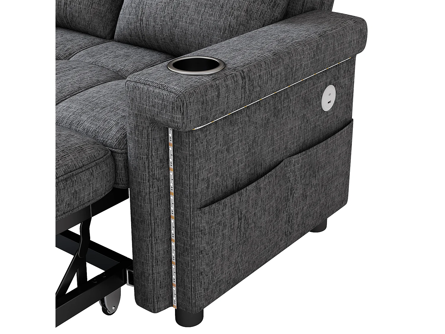 Canapé 2 places - avec éclairage LED - avec port de chargement USB/Type-C - avec dossier réglable - avec coussins, porte-gobelets et poches latérales - gris