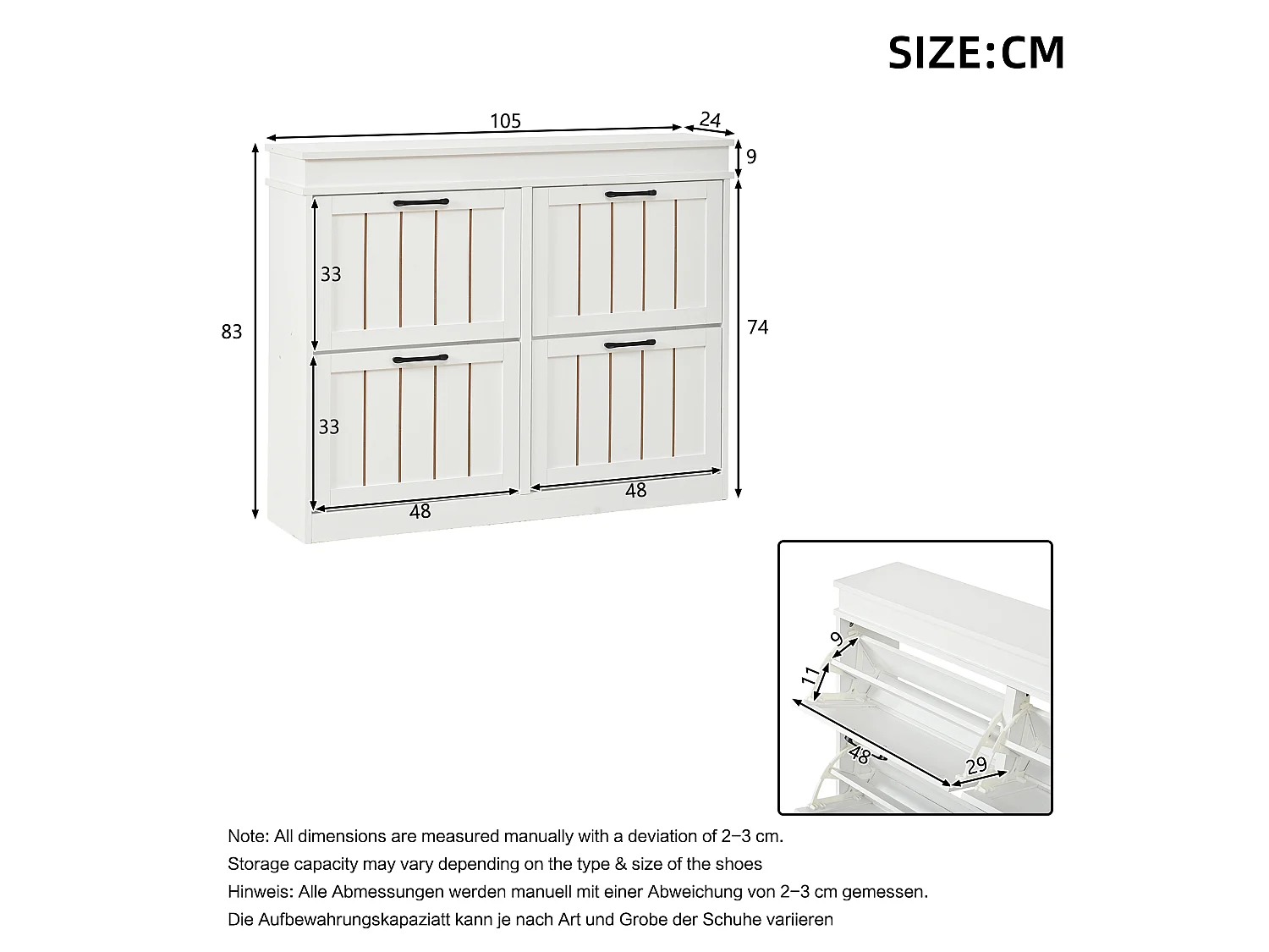 Schuhschrank mit 4 Klapptüren, 8 Einlegeböden, schwarzen Griffen und goldenen Streifen – MDF – 105 x 24 x 83 cm – Weiß