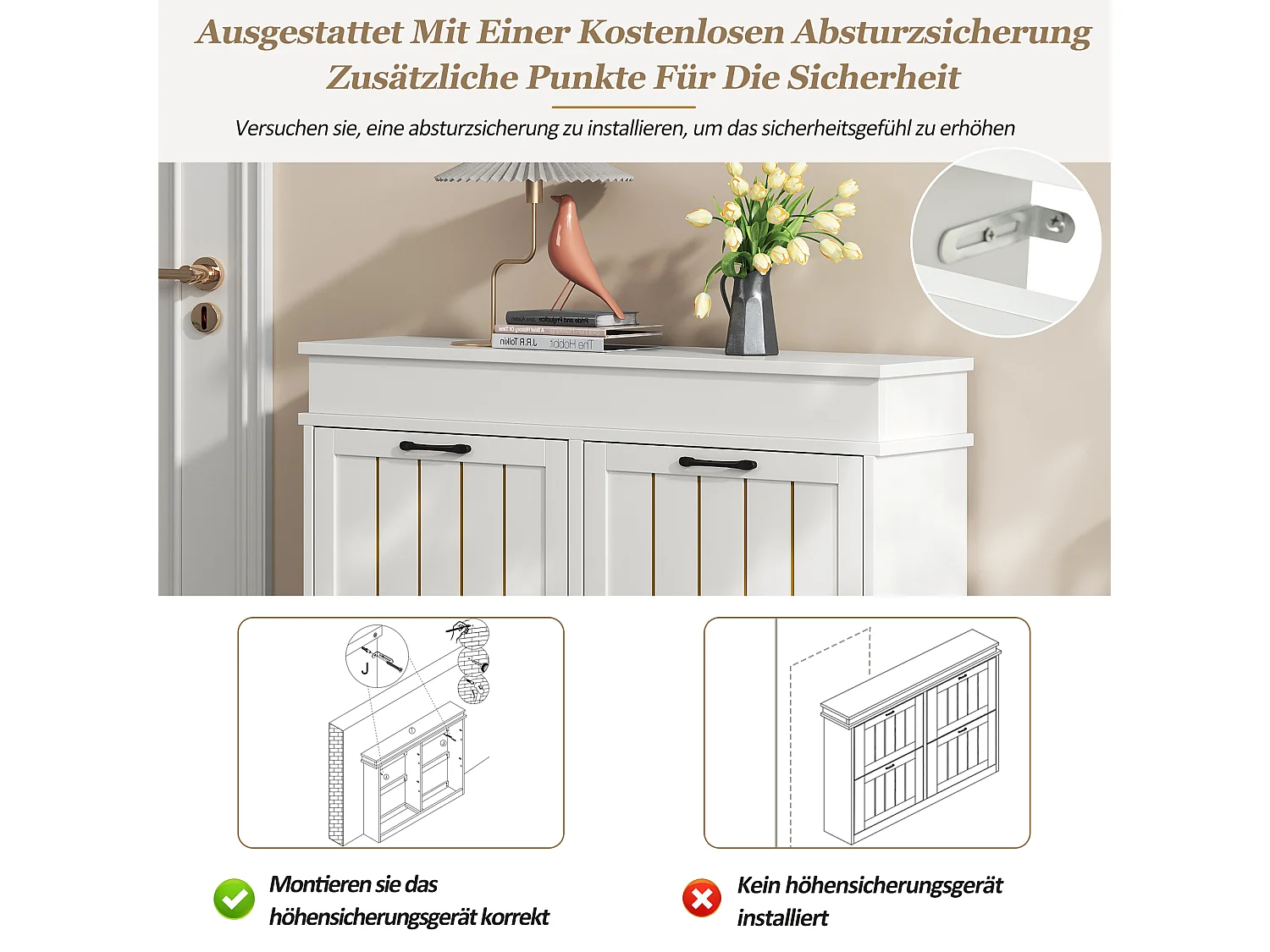 Schuhschrank mit 4 Klapptüren, 8 Einlegeböden, schwarzen Griffen und goldenen Streifen – MDF – 105 x 24 x 83 cm – Weiß
