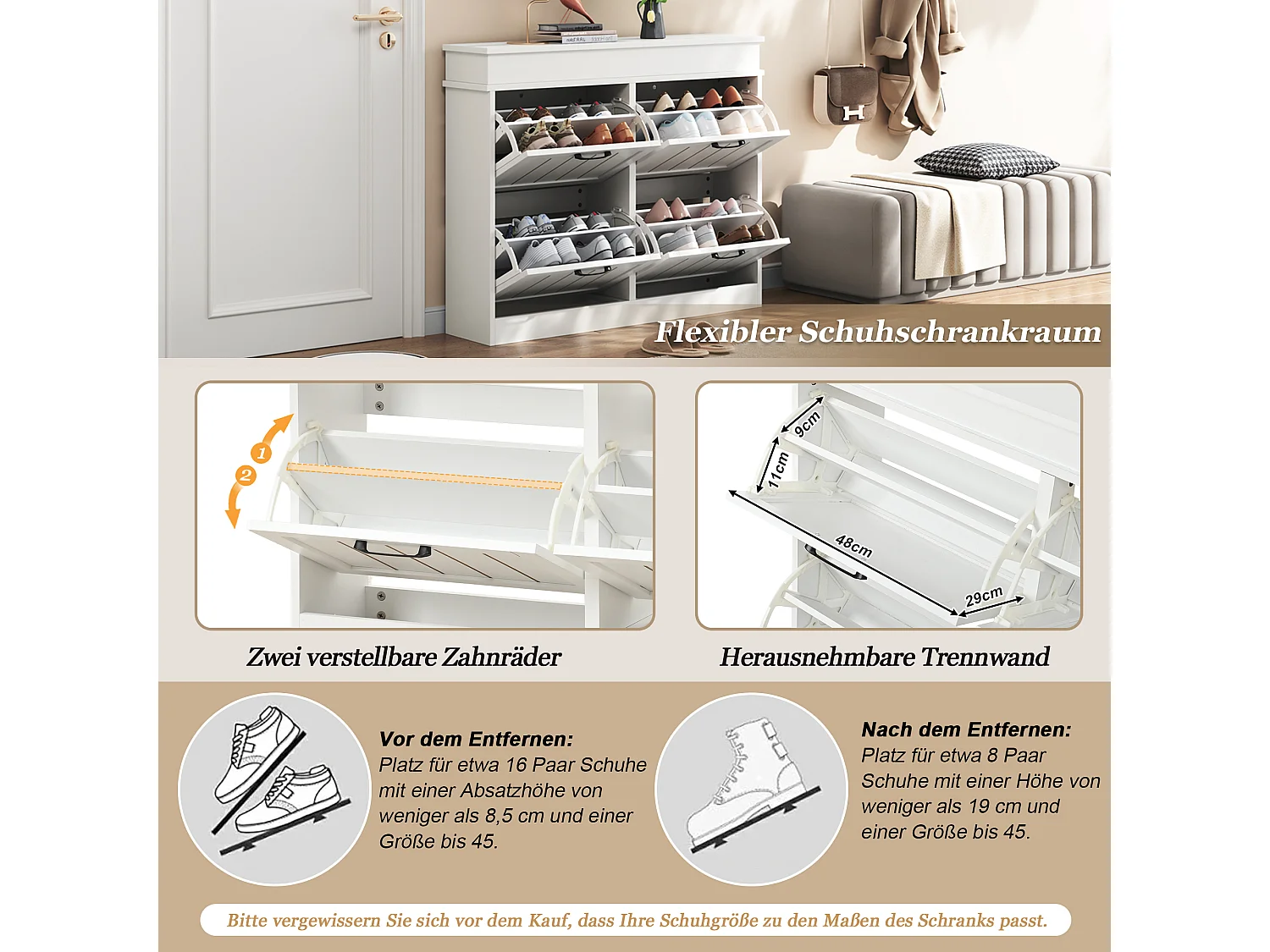 Schuhschrank mit 4 Klapptüren, 8 Einlegeböden, schwarzen Griffen und goldenen Streifen – MDF – 105 x 24 x 83 cm – Weiß