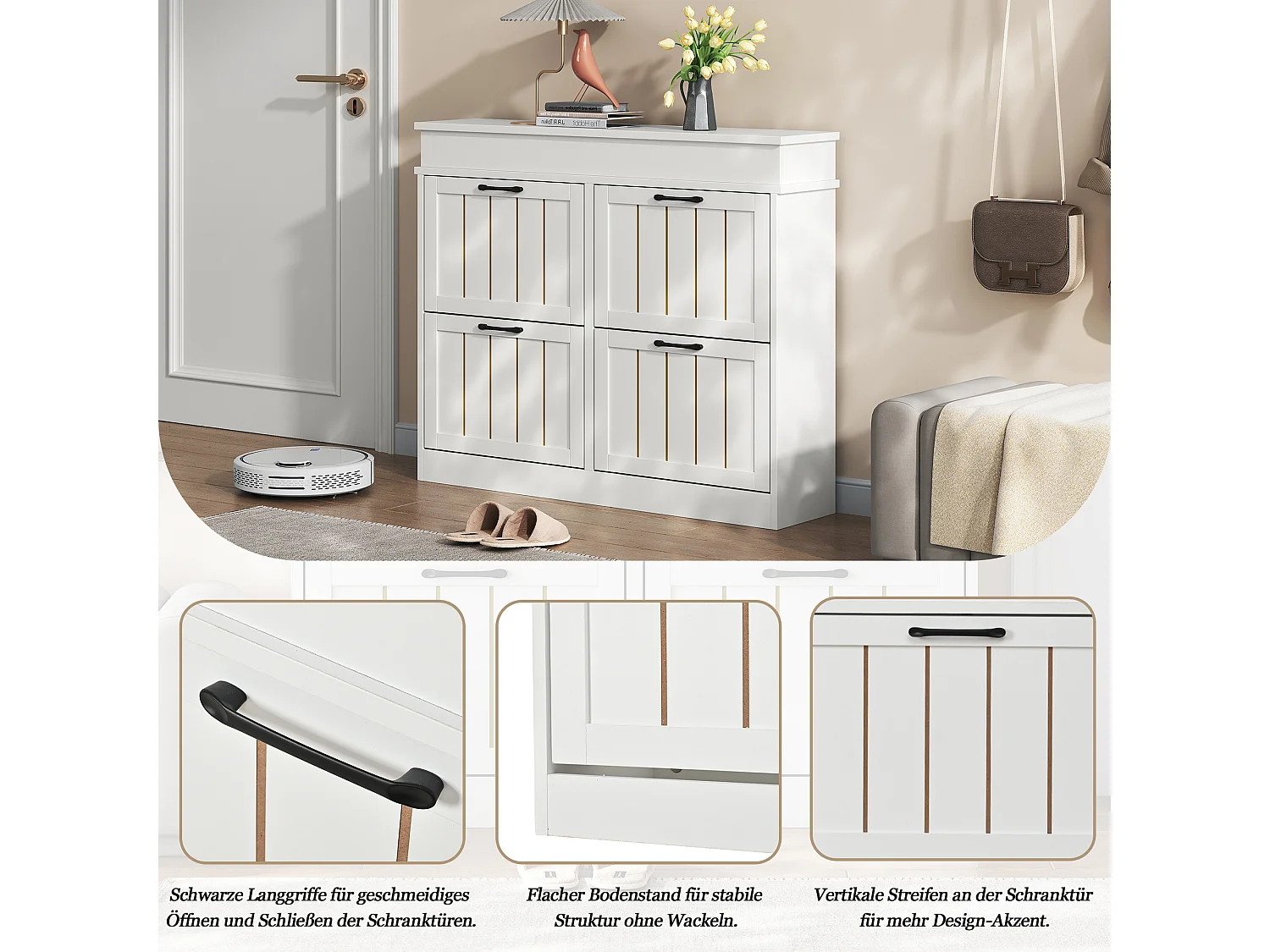Schuhschrank mit 4 Klapptüren, 8 Einlegeböden, schwarzen Griffen und goldenen Streifen – MDF – 105 x 24 x 83 cm – Weiß
