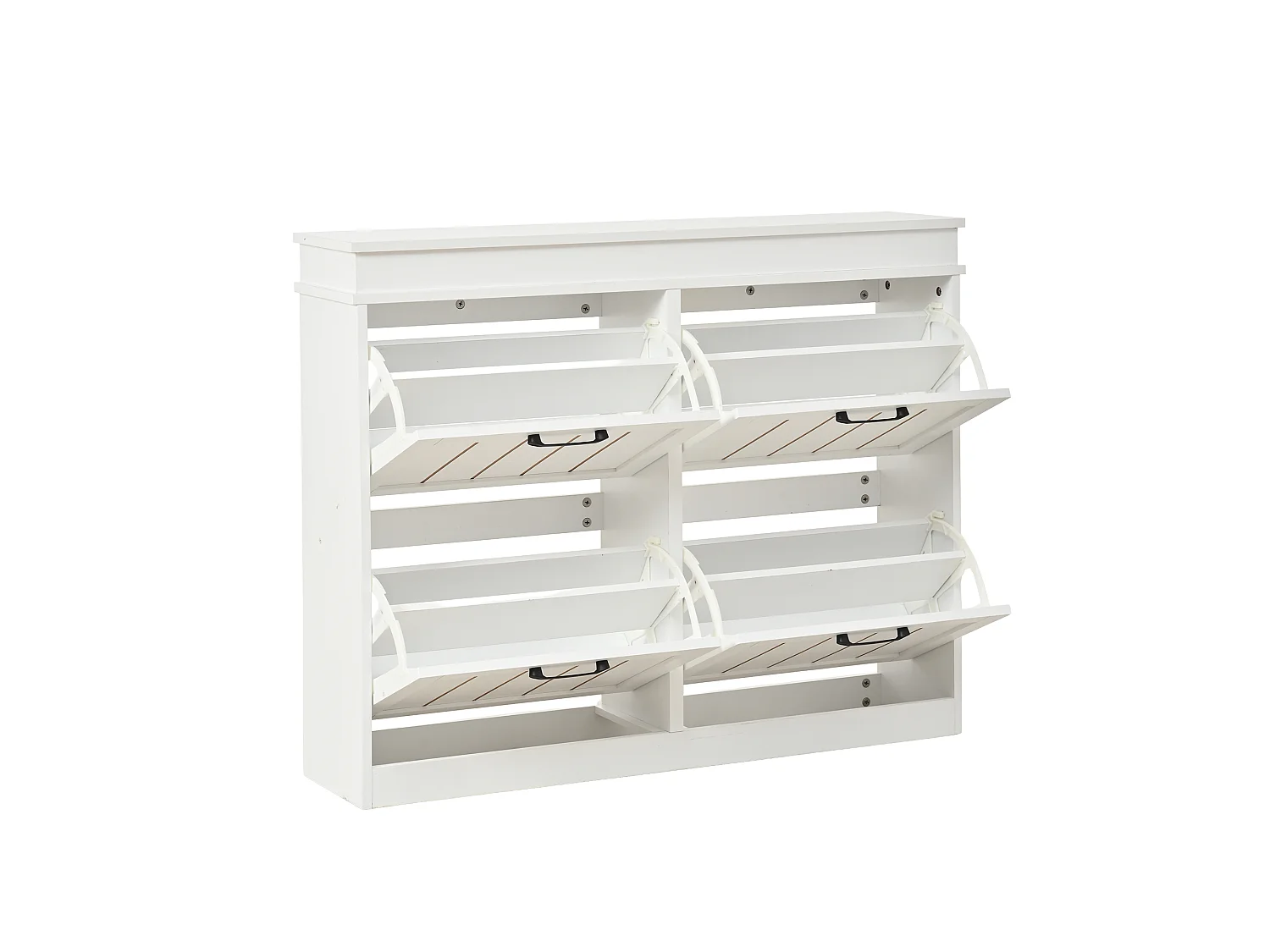 Schuhschrank mit 4 Klapptüren, 8 Einlegeböden, schwarzen Griffen und goldenen Streifen – MDF – 105 x 24 x 83 cm – Weiß