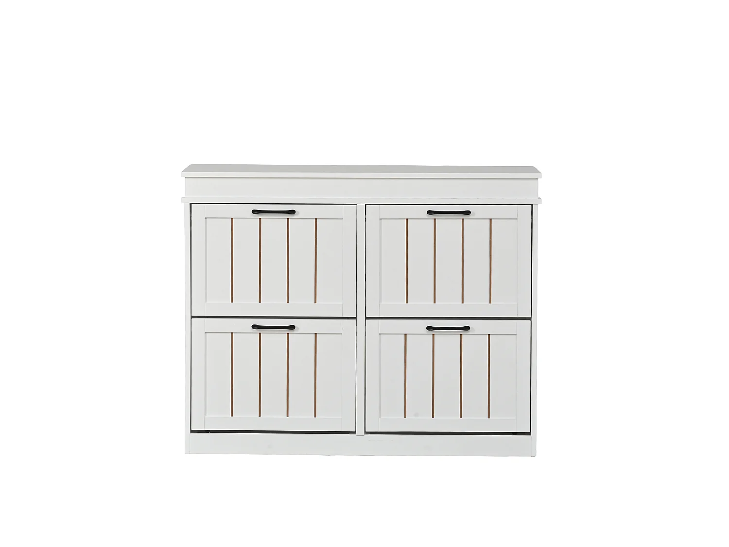 Schuhschrank mit 4 Klapptüren, 8 Einlegeböden, schwarzen Griffen und goldenen Streifen – MDF – 105 x 24 x 83 cm – Weiß