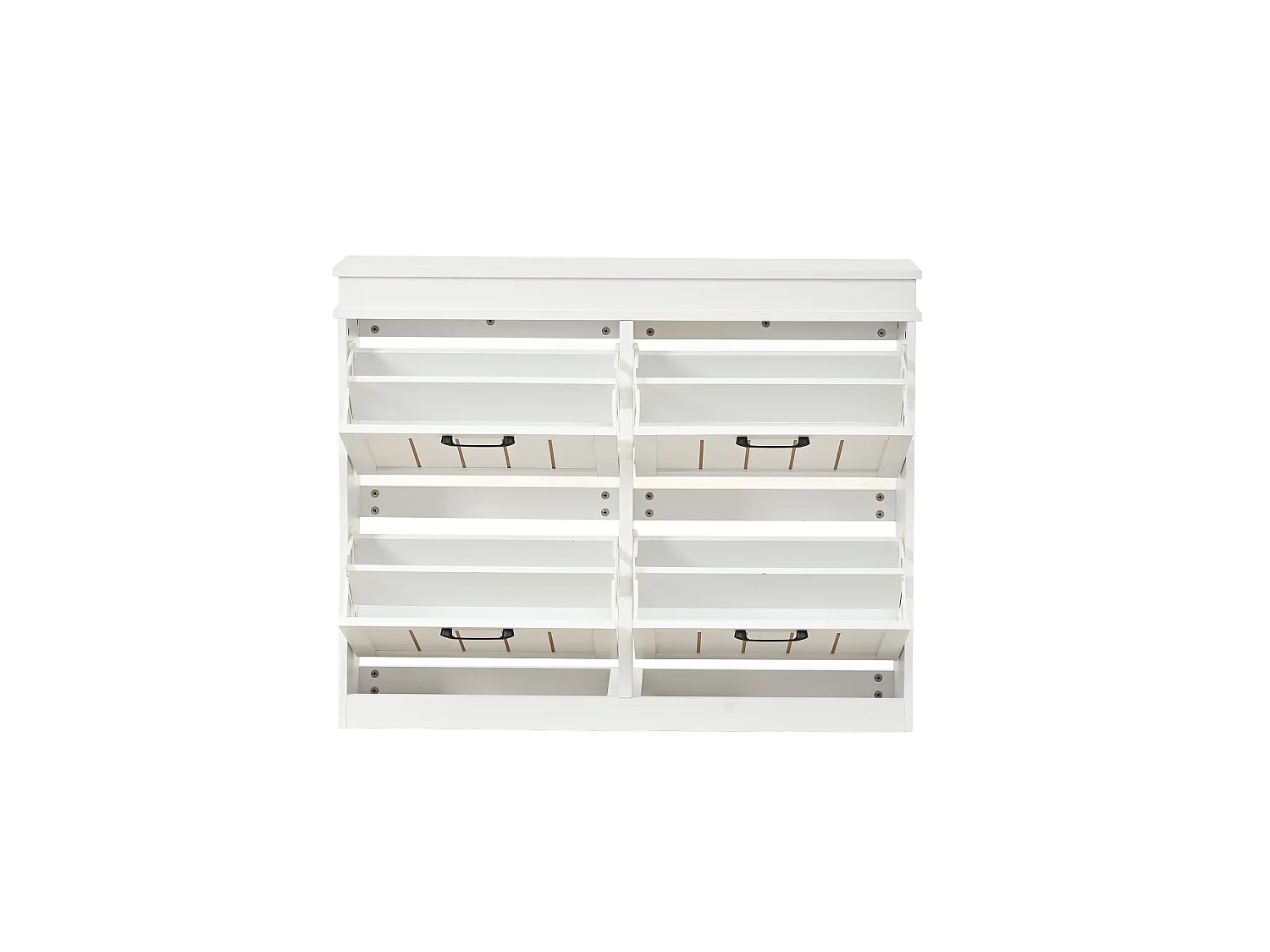 Schuhschrank mit 4 Klapptüren, 8 Einlegeböden, schwarzen Griffen und goldenen Streifen – MDF – 105 x 24 x 83 cm – Weiß