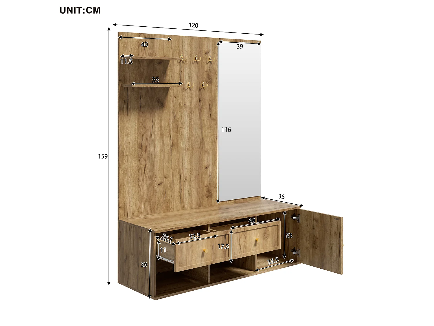 Meuble à chaussures avec miroir, 5 patères, 2 tiroirs, 1 porte et banc - Panneaux de particules - 120 x 35 x 159 cm - Aspect bois