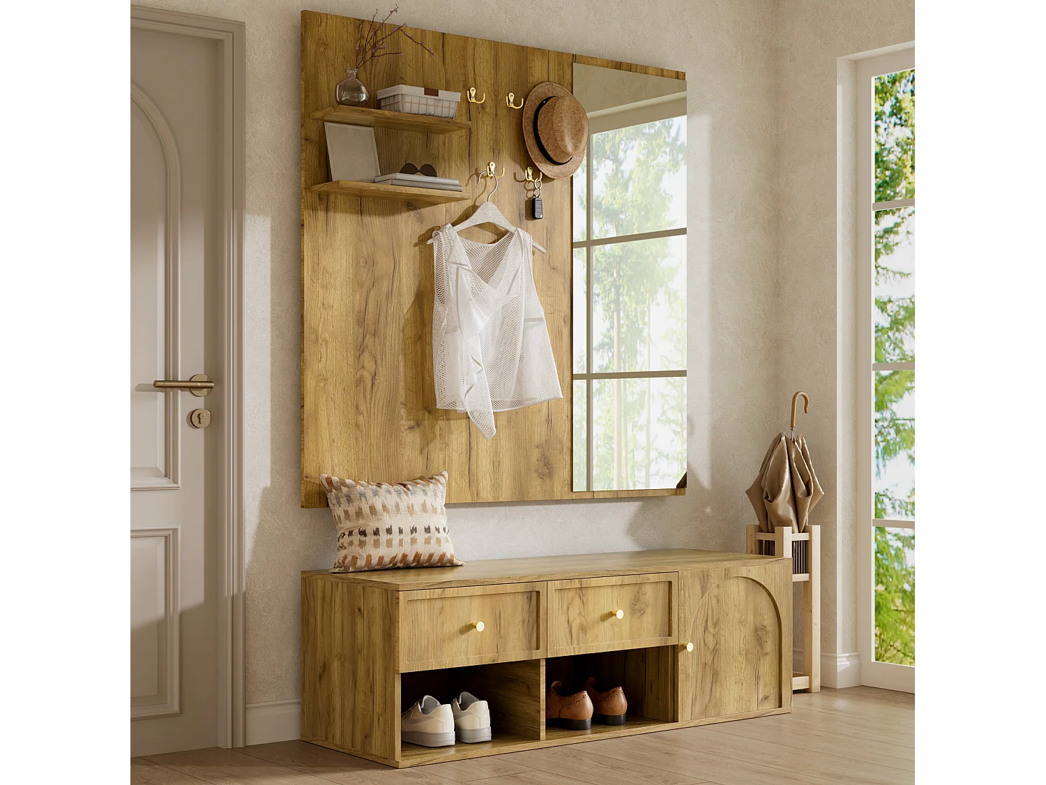 Meuble à chaussures avec miroir, 5 patères, 2 tiroirs, 1 porte et banc - Panneaux de particules - 120 x 35 x 159 cm - Aspect bois