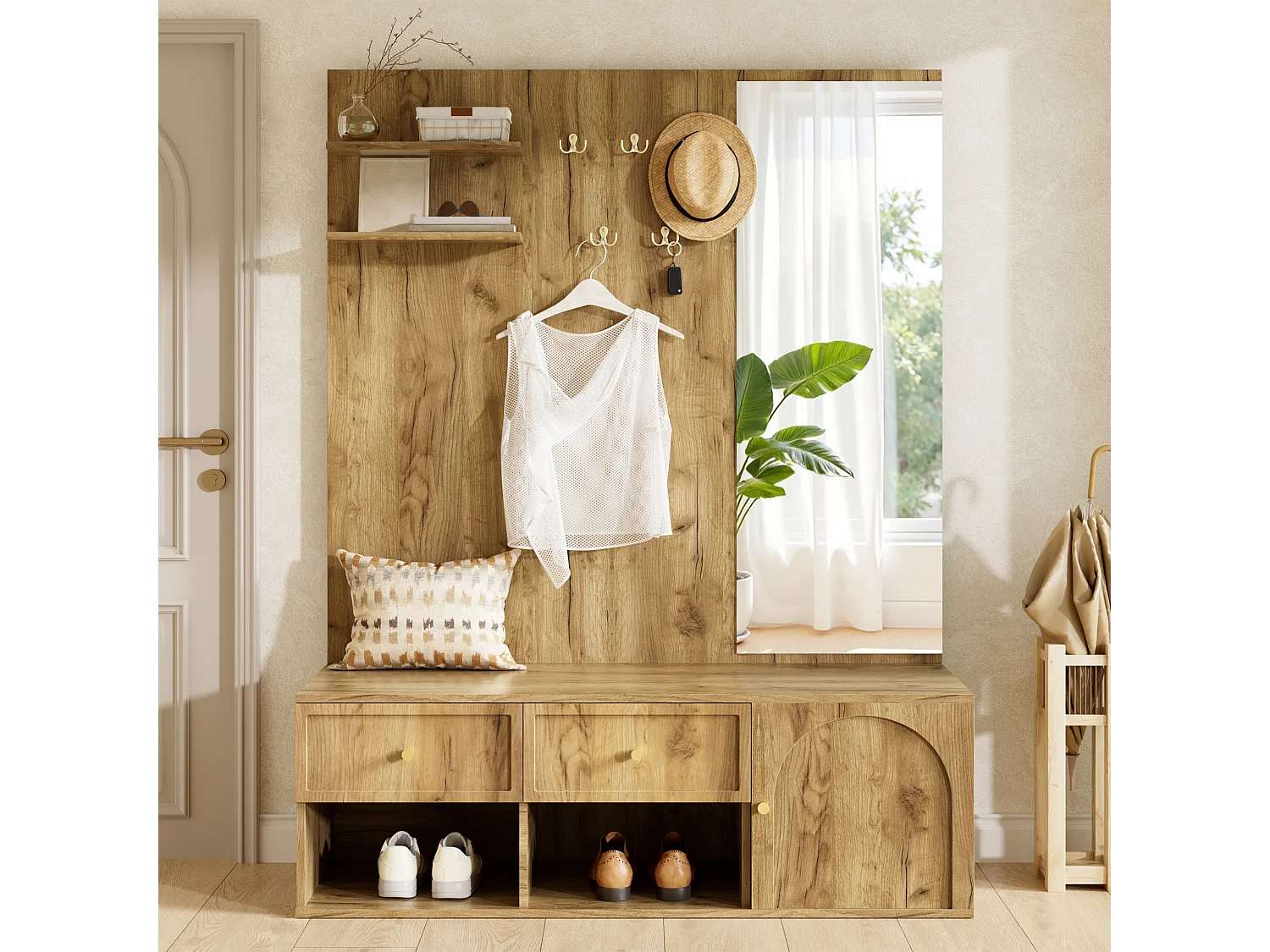 Meuble à chaussures avec miroir, 5 patères, 2 tiroirs, 1 porte et banc - Panneaux de particules - 120 x 35 x 159 cm - Aspect bois