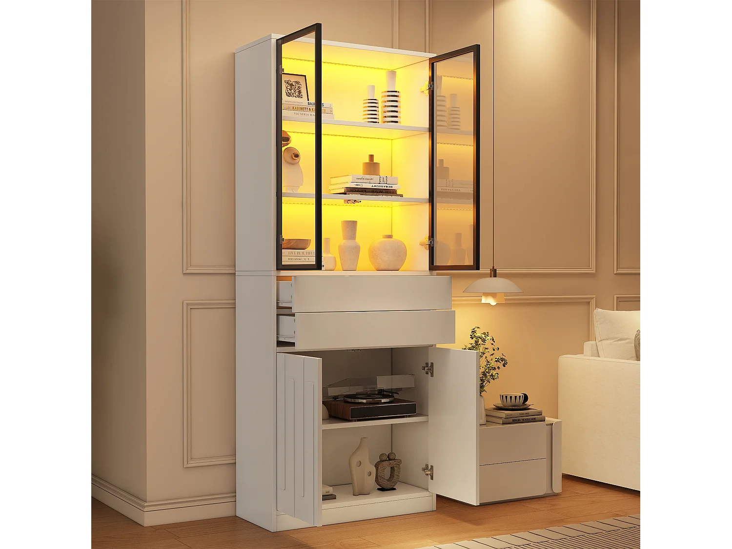 Vitrinskåp 70x34x180 cm - 4 dörrar och 2 lådor - Vitrinskåp med glas och LED-belysning - Spånskivor - Vit