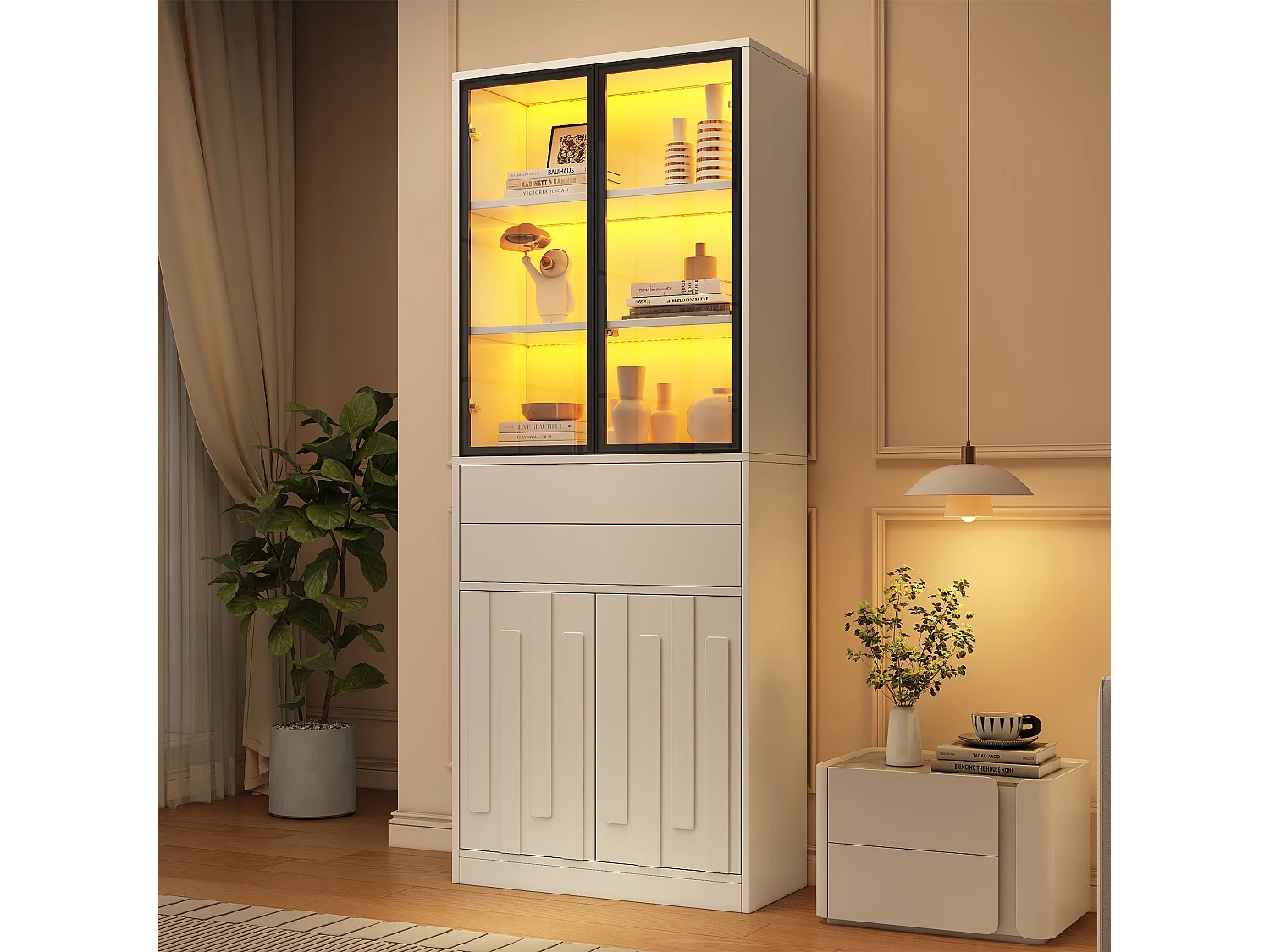 Vitrinskåp 70x34x180 cm - 4 dörrar och 2 lådor - Vitrinskåp med glas och LED-belysning - Spånskivor - Vit