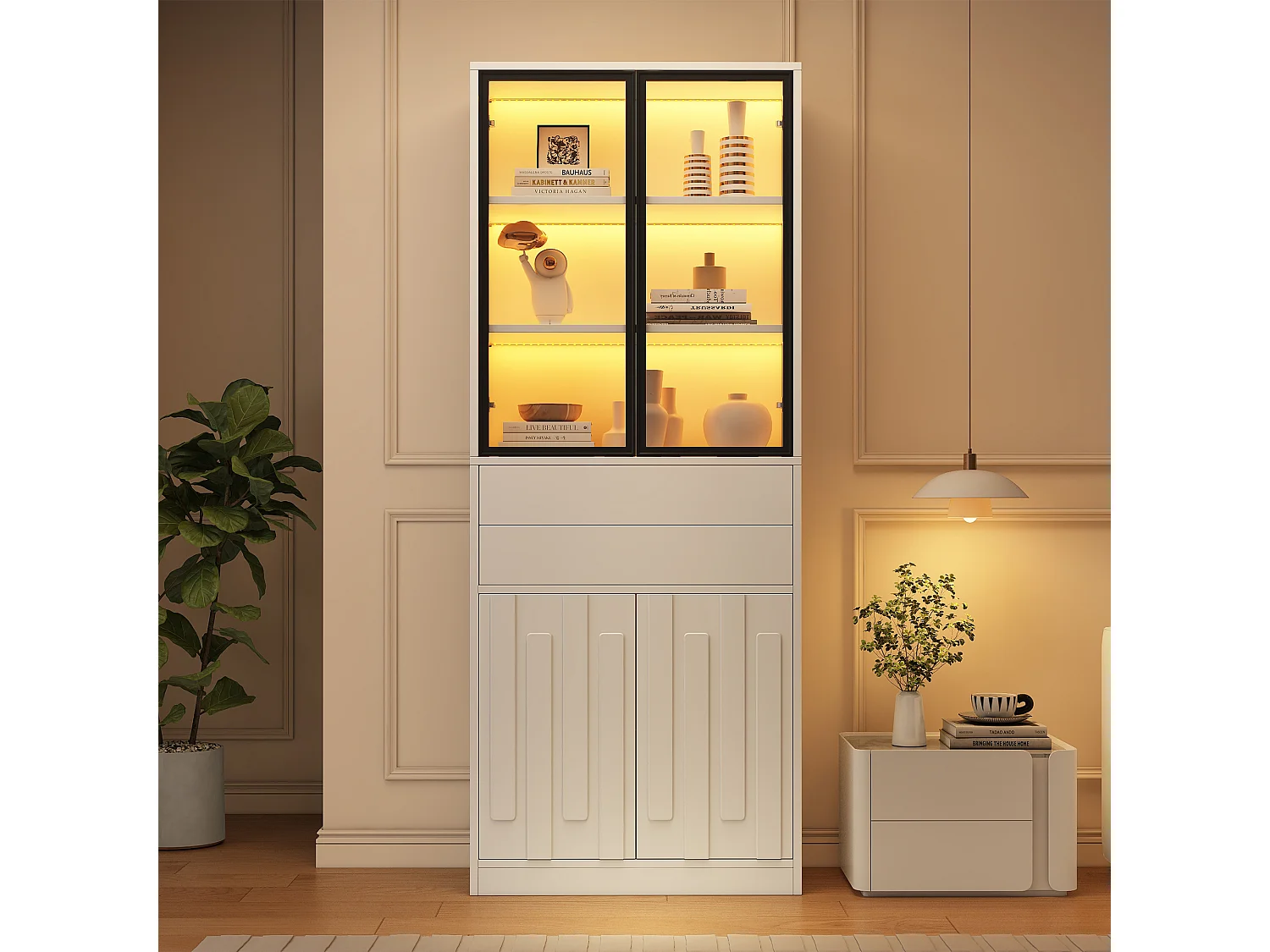 Vitrinskåp 70x34x180 cm - 4 dörrar och 2 lådor - Vitrinskåp med glas och LED-belysning - Spånskivor - Vit