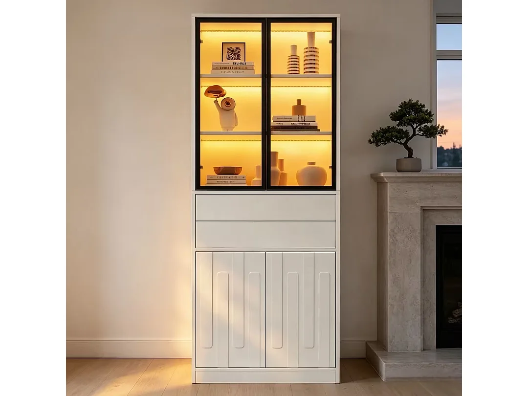 Vitrinskåp 70x34x180 cm - 4 dörrar och 2 lådor - Vitrinskåp med glas och LED-belysning - Spånskivor - Vit