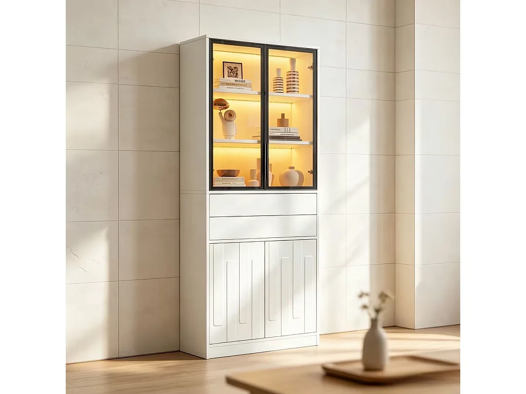 Vitrinskåp 70x34x180 cm - 4 dörrar och 2 lådor - Vitrinskåp med glas och LED-belysning - Spånskivor - Vit