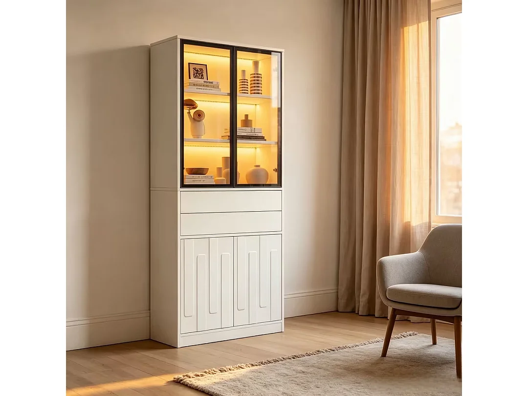 Vitrinskåp 70x34x180 cm - 4 dörrar och 2 lådor - Vitrinskåp med glas och LED-belysning - Spånskivor - Vit