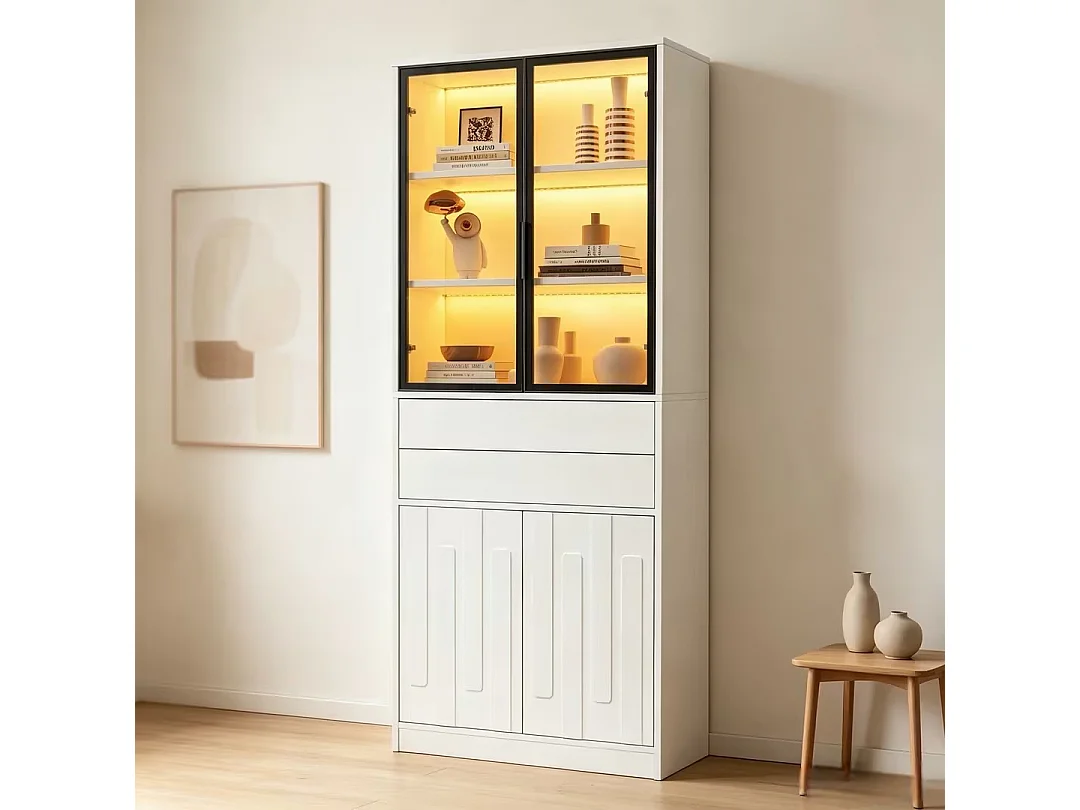 Vitrinskåp 70x34x180 cm - 4 dörrar och 2 lådor - Vitrinskåp med glas och LED-belysning - Spånskivor - Vit