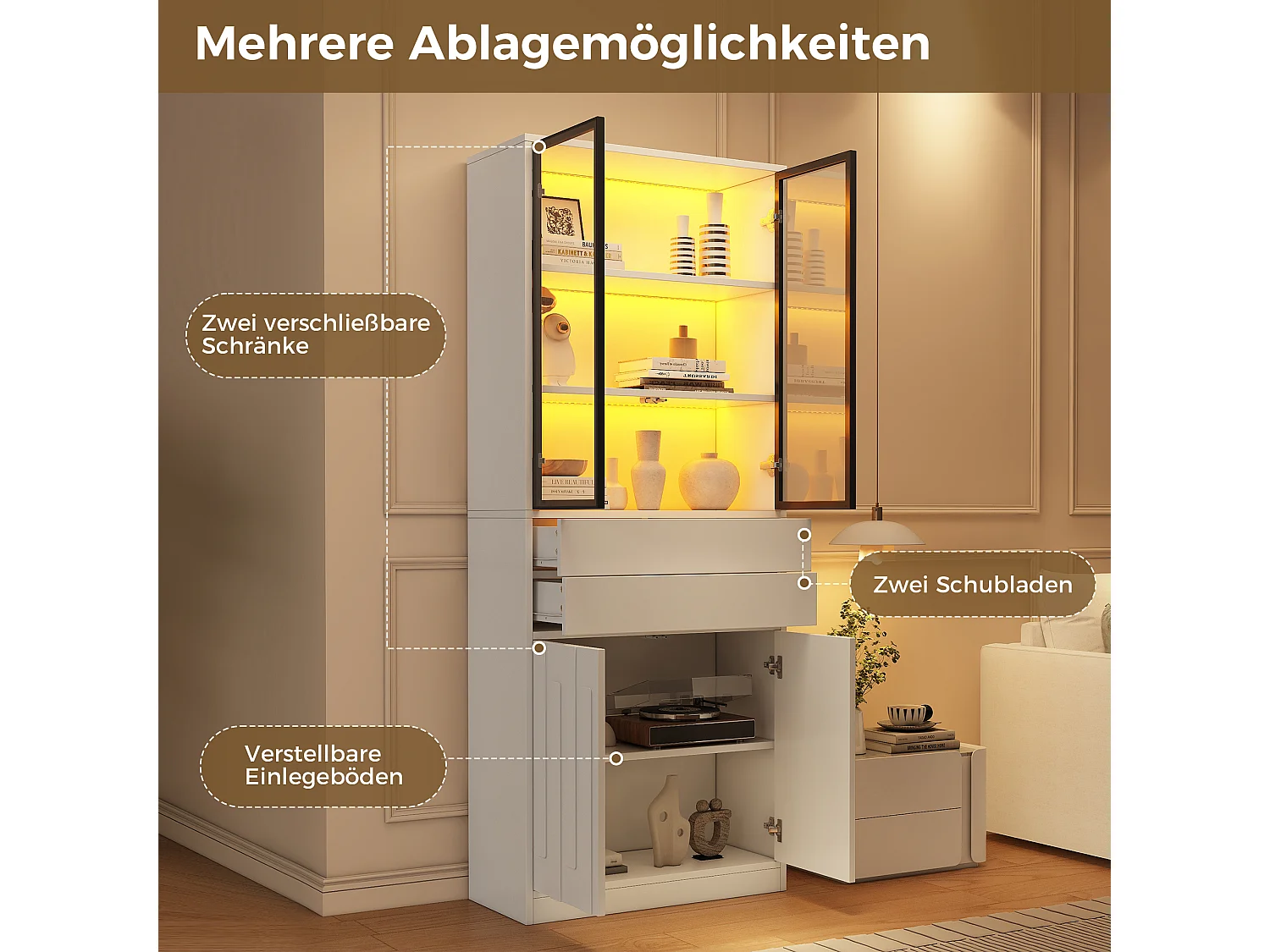 Vitrinskåp 70x34x180 cm - 4 dörrar och 2 lådor - Vitrinskåp med glas och LED-belysning - Spånskivor - Vit