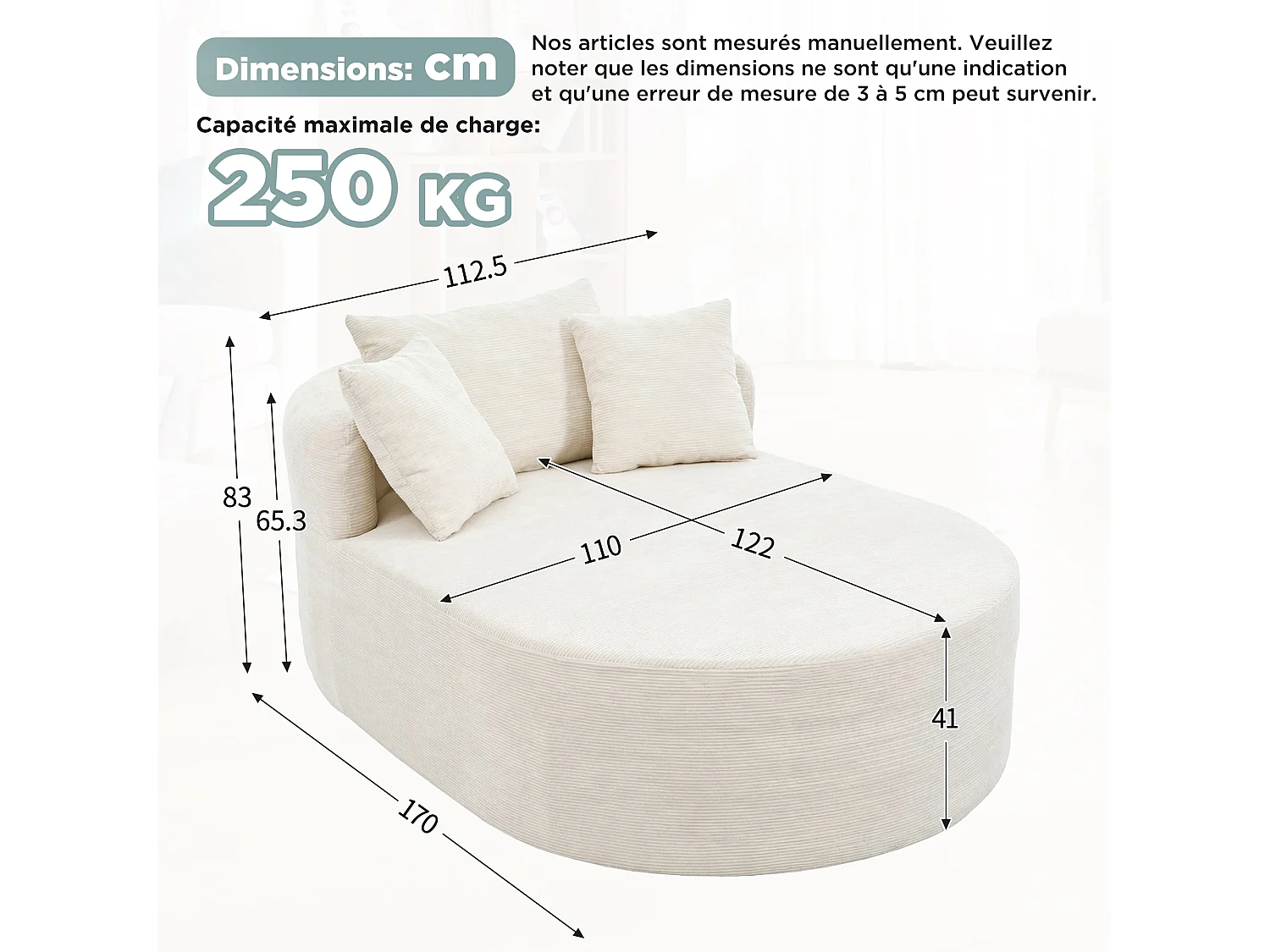 Fauteuil inclinable ovale - aucun assemblage requis - très élastique - velours côtelé - beige