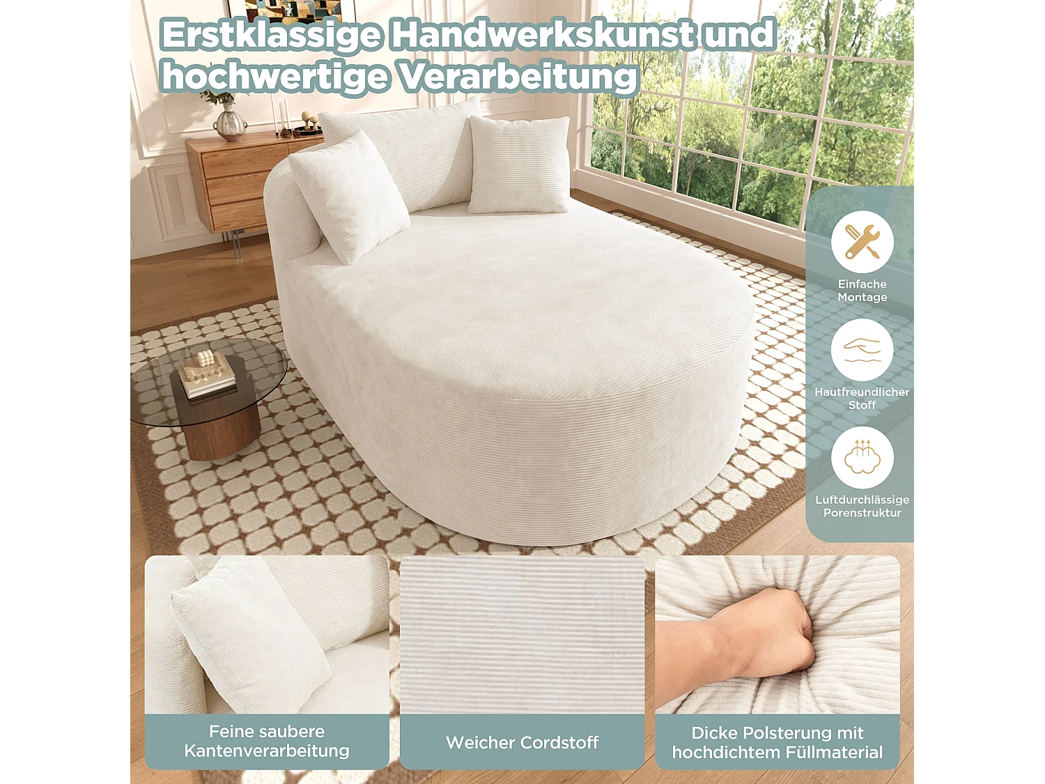 Fauteuil inclinable ovale - aucun assemblage requis - très élastique - velours côtelé - beige