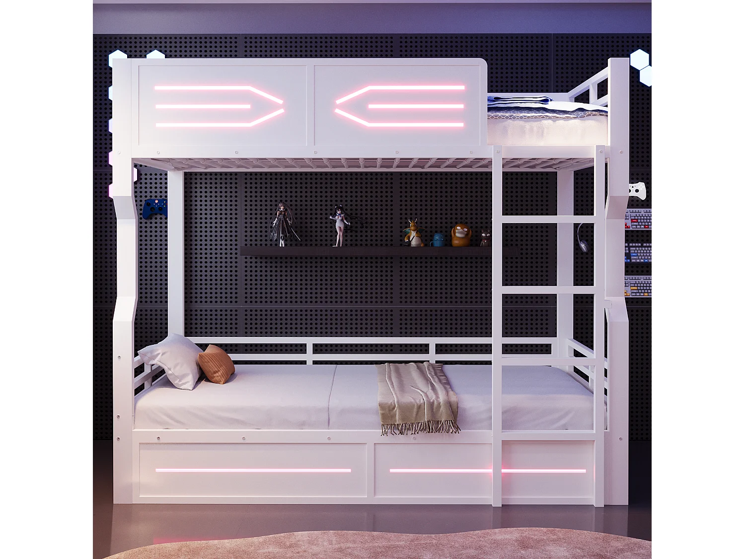 Lit superposé en fer forgé, 90 x 200 cm - avec éclairage LED - avec barrières de sécurité - blanc (matelas non inclus)