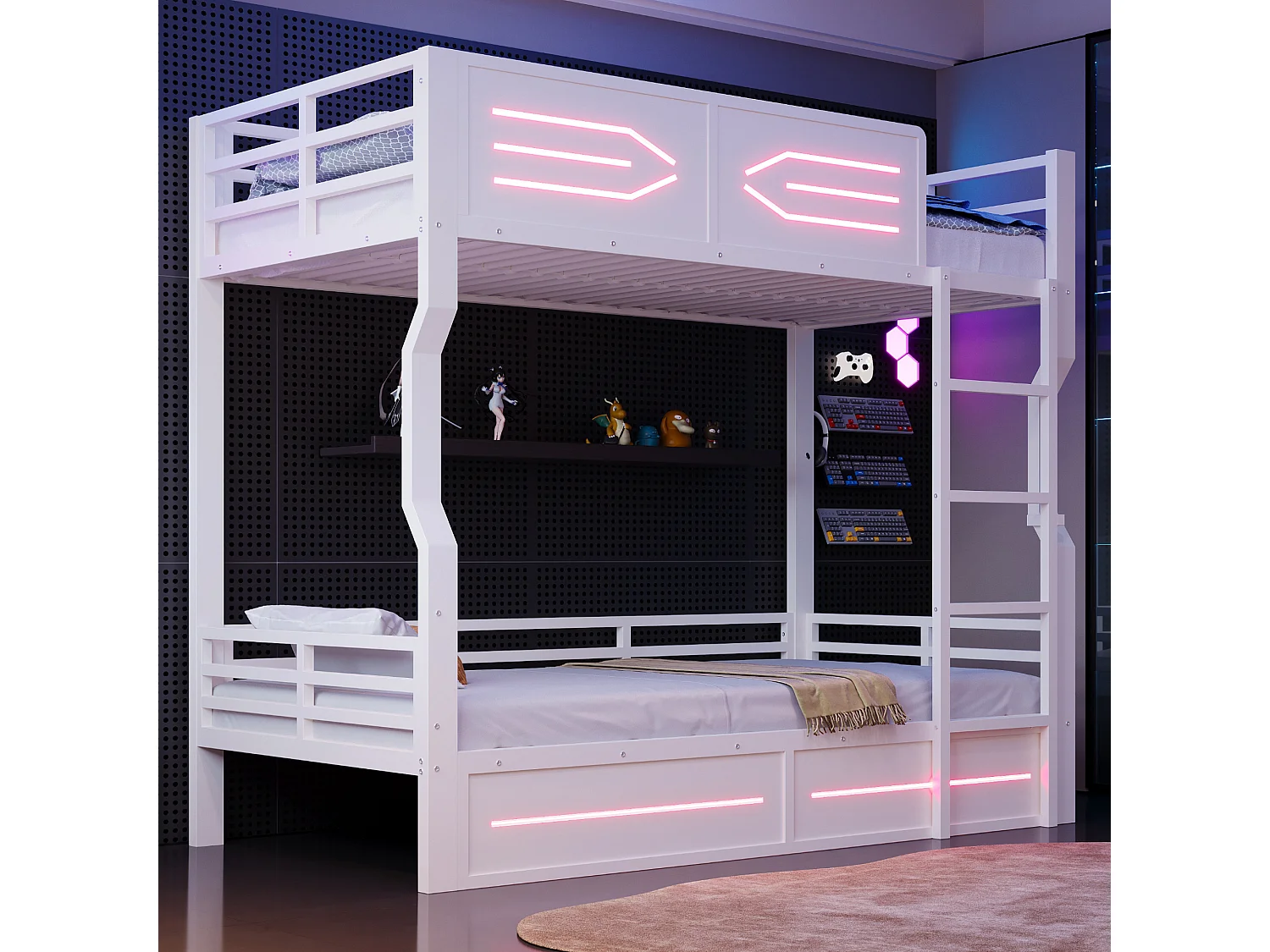 Lit superposé en fer forgé, 90 x 200 cm - avec éclairage LED - avec barrières de sécurité - blanc (matelas non inclus)