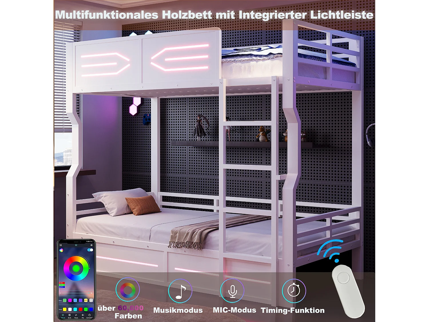 Lit superposé en fer forgé, 90 x 200 cm - avec éclairage LED - avec barrières de sécurité - blanc (matelas non inclus)