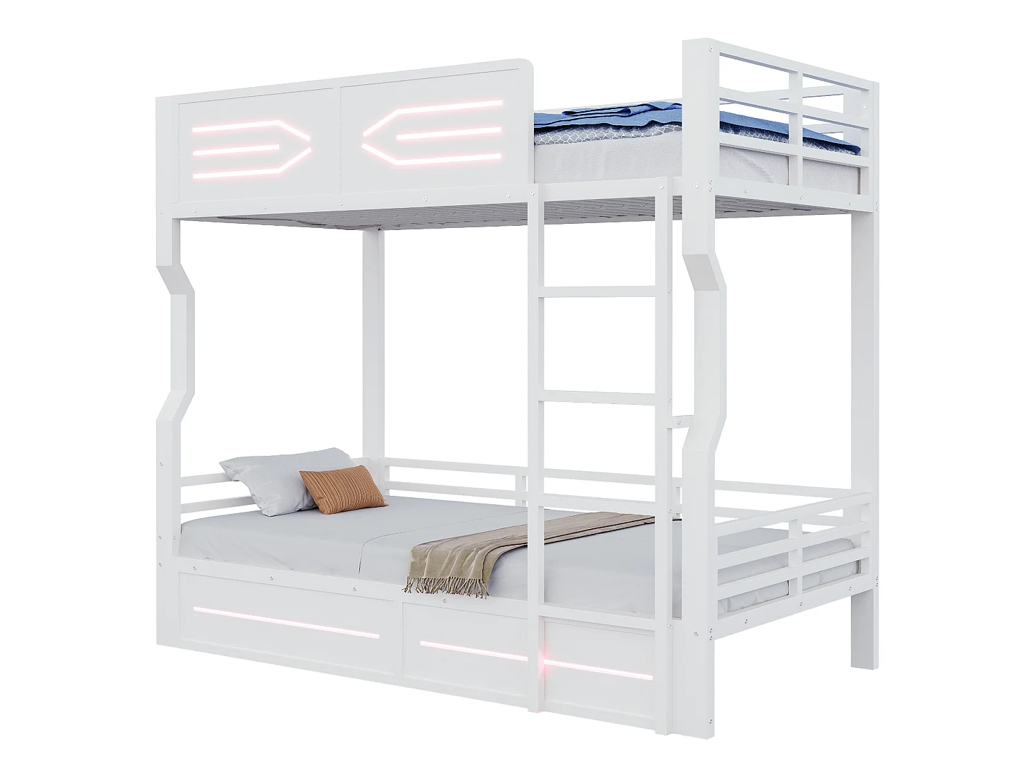 Lit superposé en fer forgé, 90 x 200 cm - avec éclairage LED - avec barrières de sécurité - blanc (matelas non inclus)