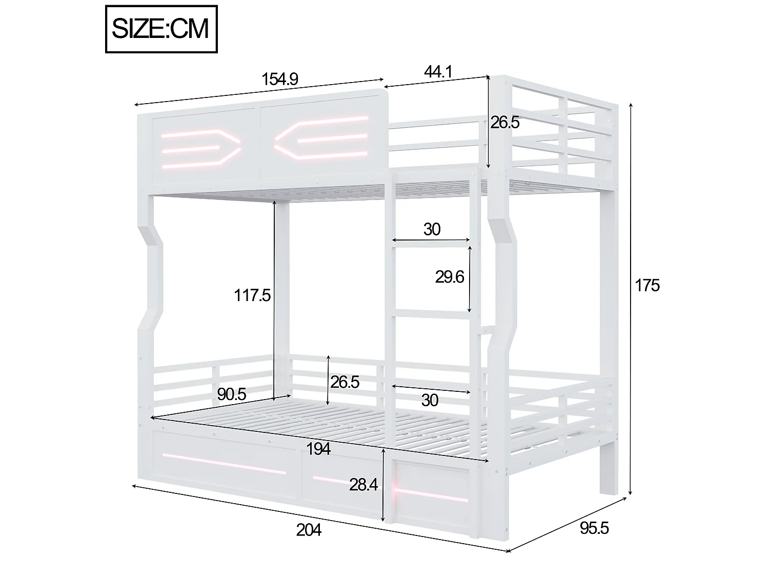 Lit superposé en fer forgé, 90 x 200 cm - avec éclairage LED - avec barrières de sécurité - blanc (matelas non inclus)