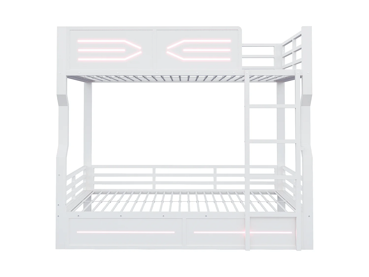Lit superposé en fer forgé, 90 x 200 cm - avec éclairage LED - avec barrières de sécurité - blanc (matelas non inclus)