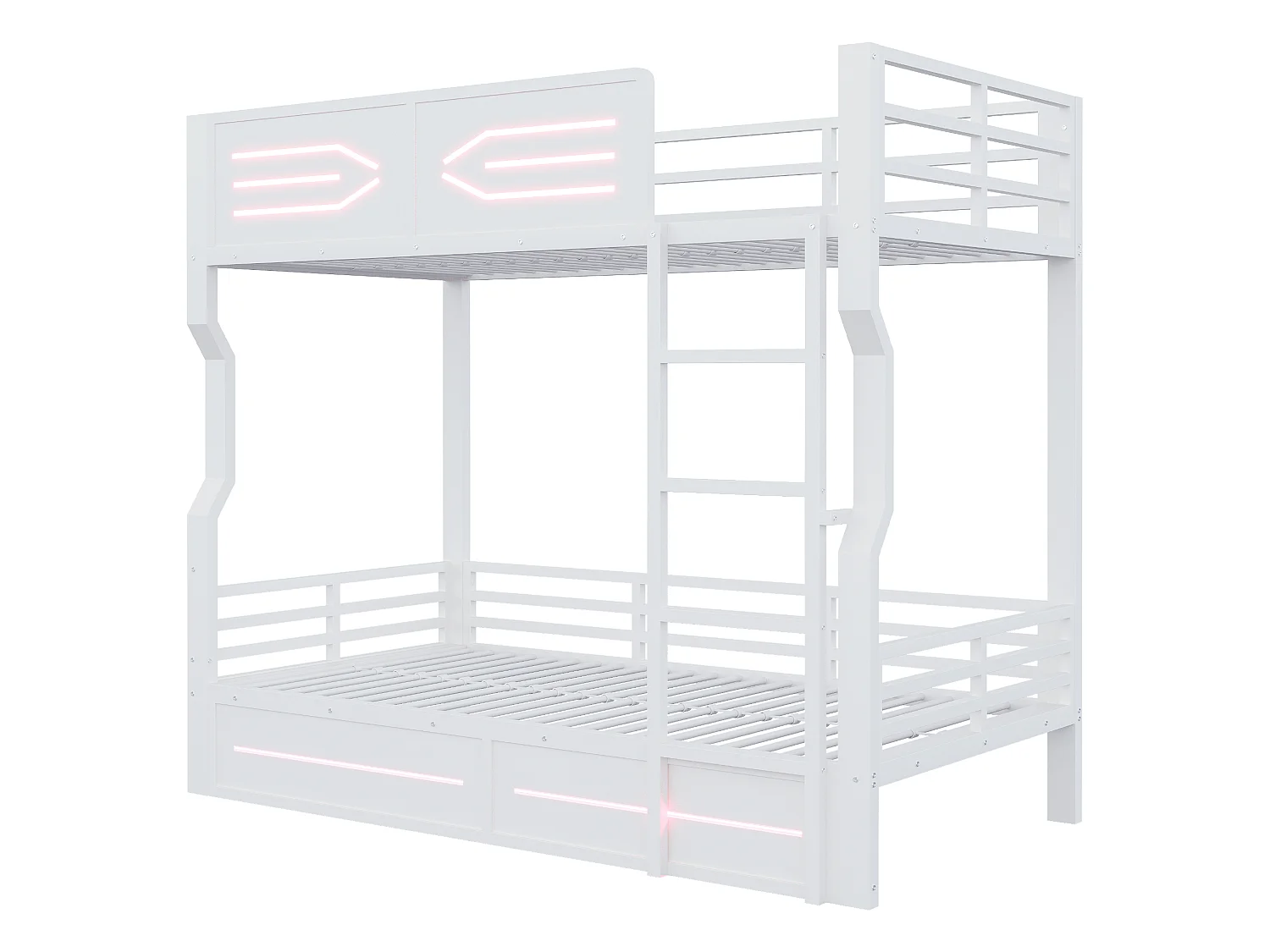 Lit superposé en fer forgé, 90 x 200 cm - avec éclairage LED - avec barrières de sécurité - blanc (matelas non inclus)
