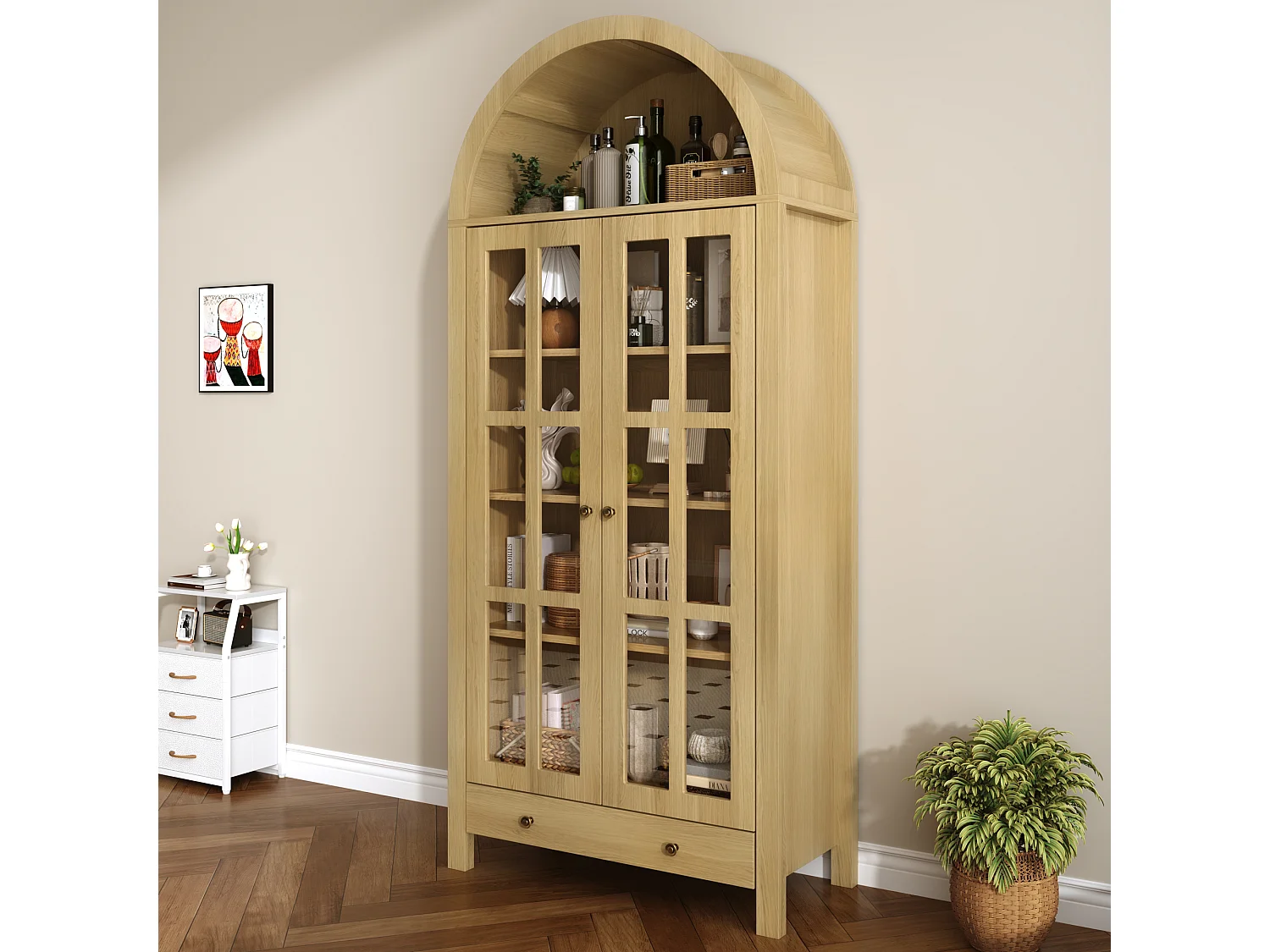 Modern curved tall display cabinet/wardrobe 75x35x170.5cm - with 2 doors and 1 drawer - adjustable shelf - Natural
