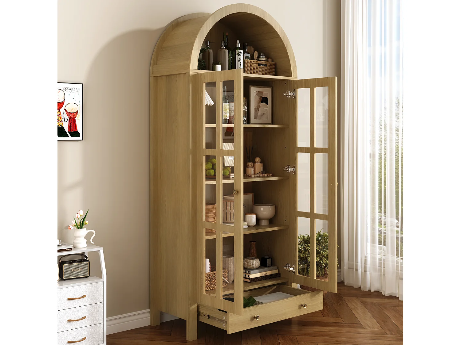Modern curved tall display cabinet/wardrobe 75x35x170.5cm - with 2 doors and 1 drawer - adjustable shelf - Natural