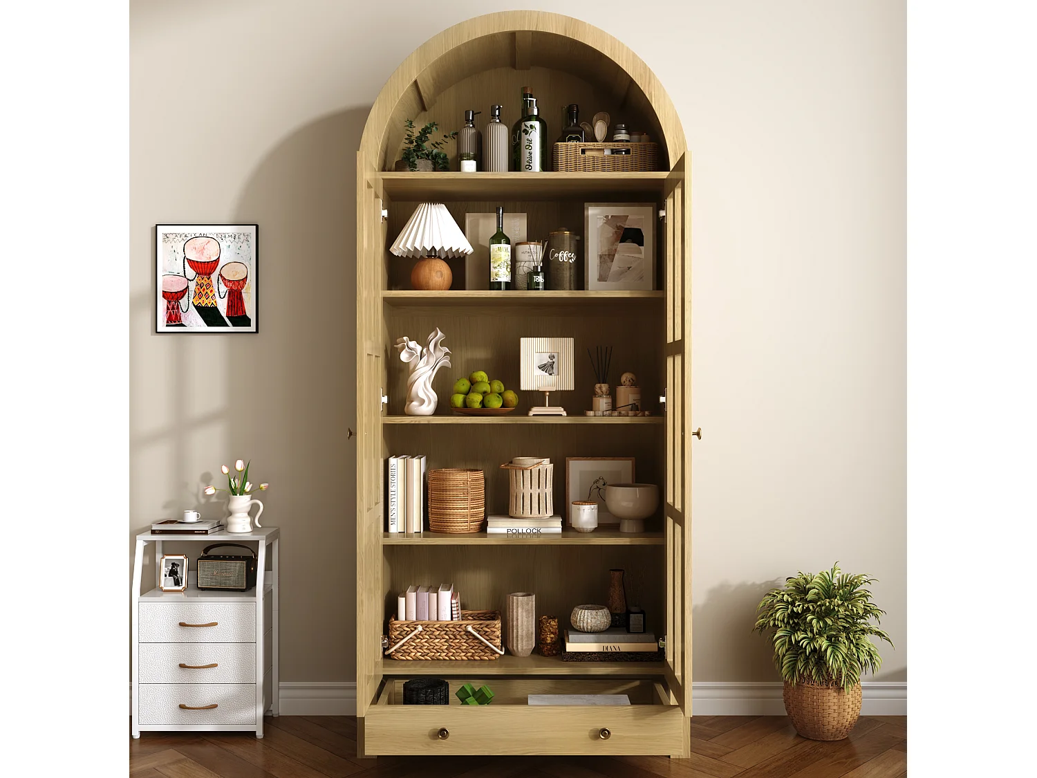 Modern curved tall display cabinet/wardrobe 75x35x170.5cm - with 2 doors and 1 drawer - adjustable shelf - Natural