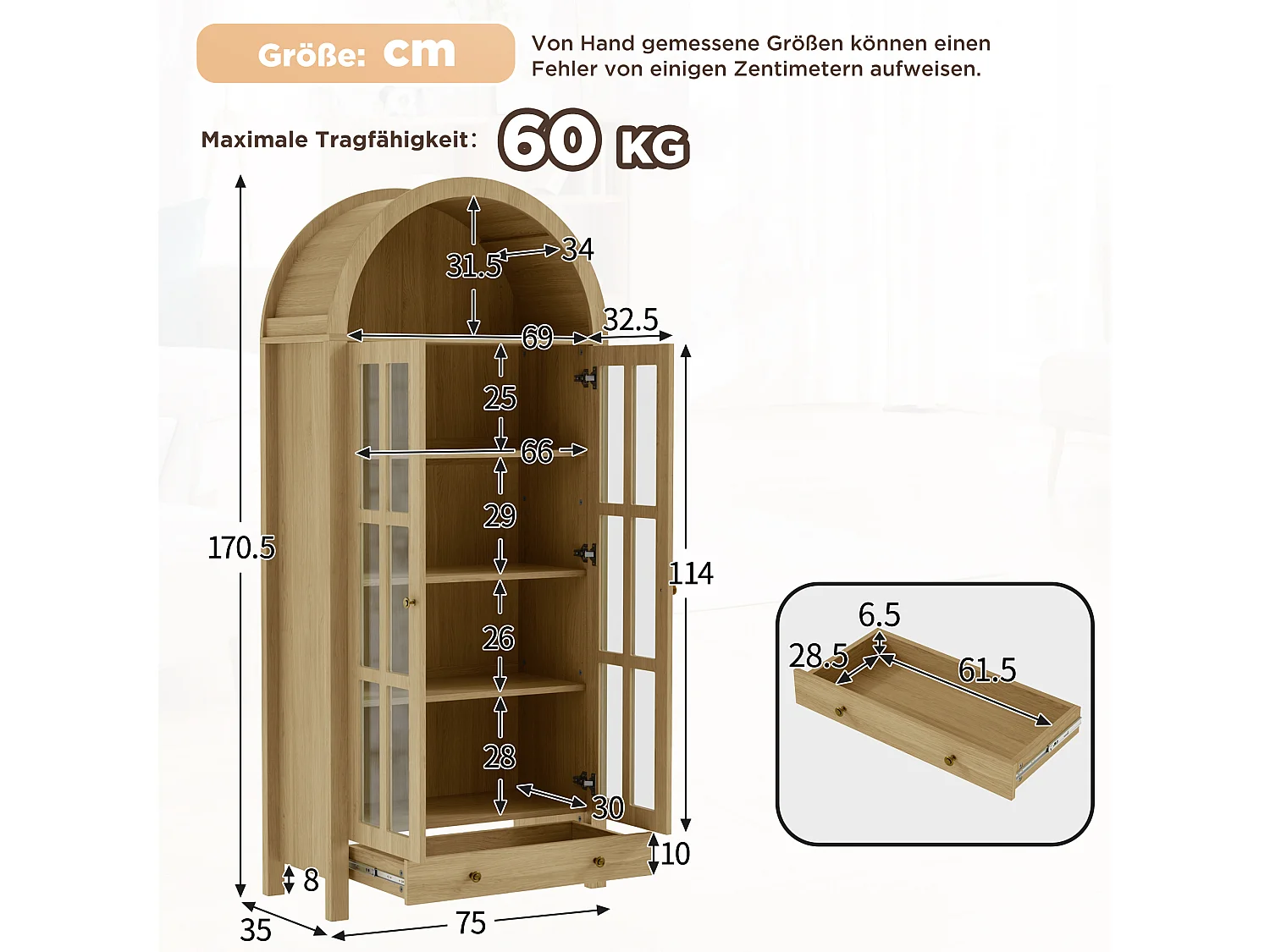 Modern curved tall display cabinet/wardrobe 75x35x170.5cm - with 2 doors and 1 drawer - adjustable shelf - Natural