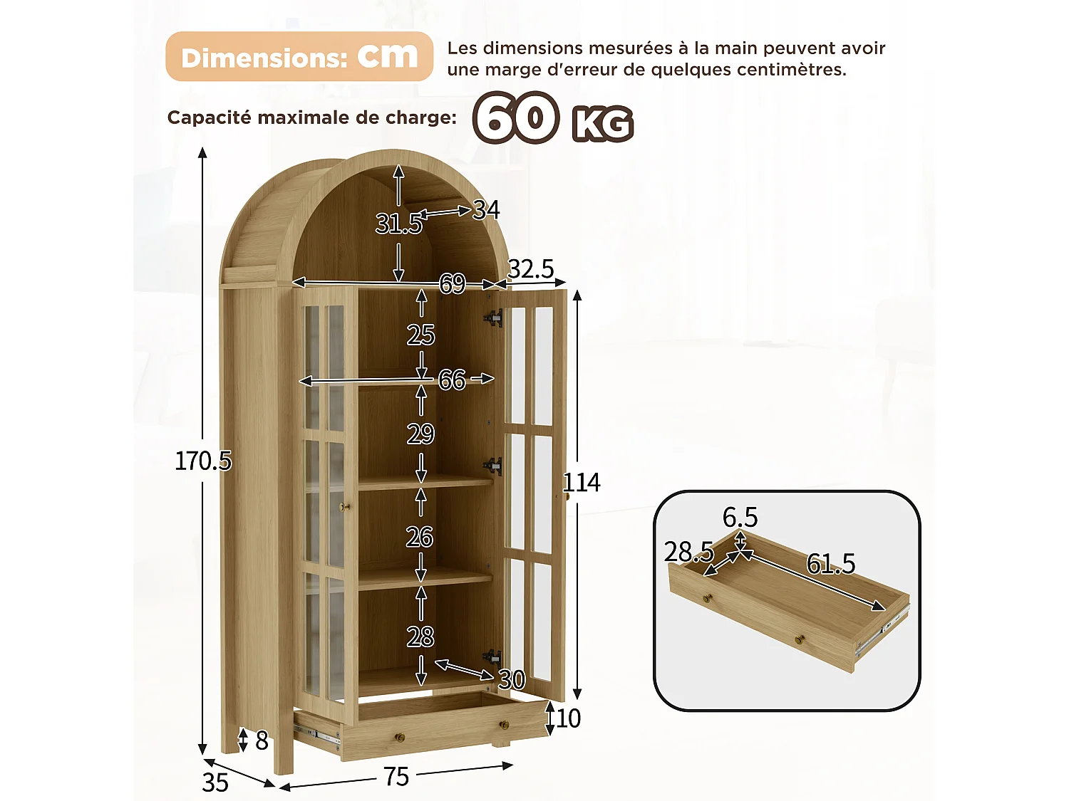 Modern curved tall display cabinet/wardrobe 75x35x170.5cm - with 2 doors and 1 drawer - adjustable shelf - Natural