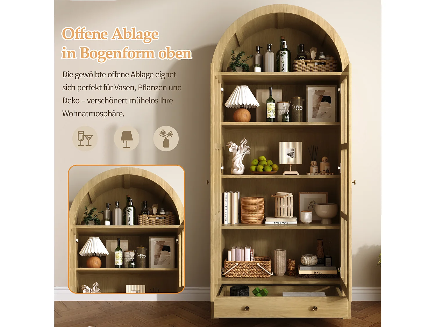 Modern curved tall display cabinet/wardrobe 75x35x170.5cm - with 2 doors and 1 drawer - adjustable shelf - Natural
