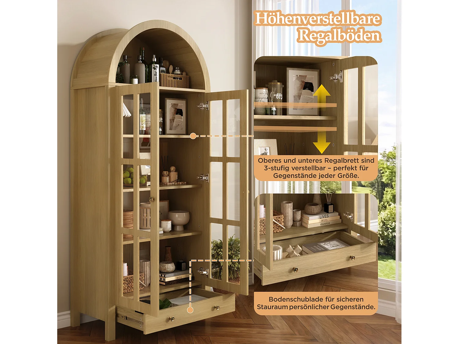Modern curved tall display cabinet/wardrobe 75x35x170.5cm - with 2 doors and 1 drawer - adjustable shelf - Natural