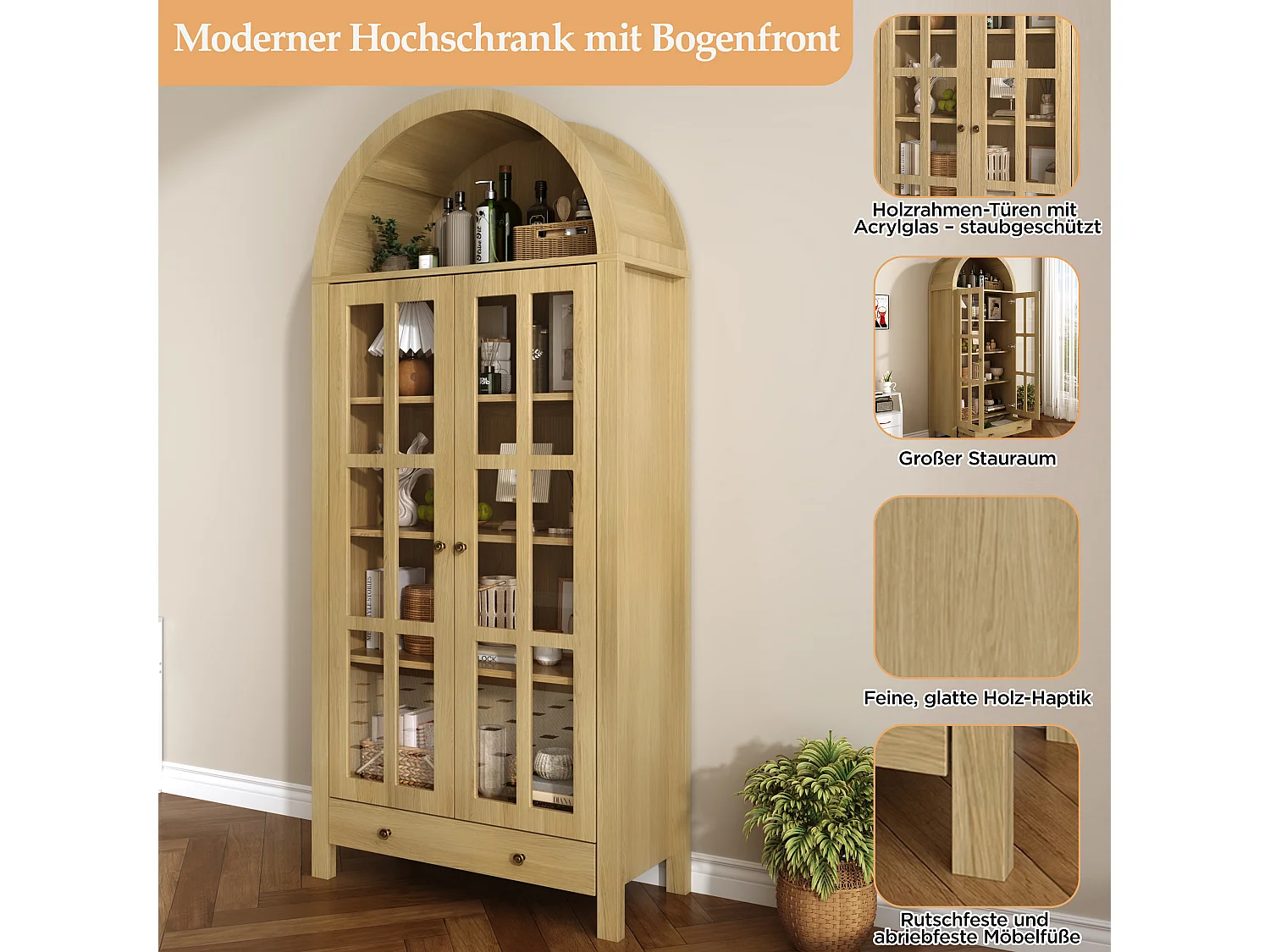 Modern curved tall display cabinet/wardrobe 75x35x170.5cm - with 2 doors and 1 drawer - adjustable shelf - Natural