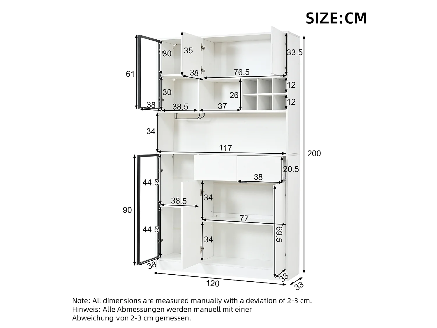 High cabinet 120x33x200 cm - 6 doors and 2 drawers - LED lighting and open shelves - MDF and tempered glass - White