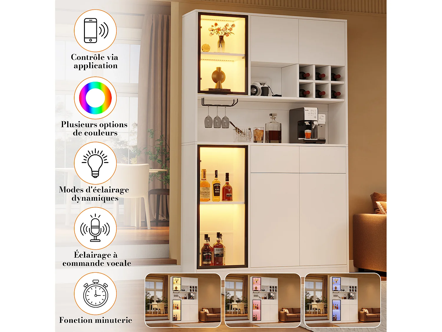 High cabinet 120x33x200 cm - 6 doors and 2 drawers - LED lighting and open shelves - MDF and tempered glass - White