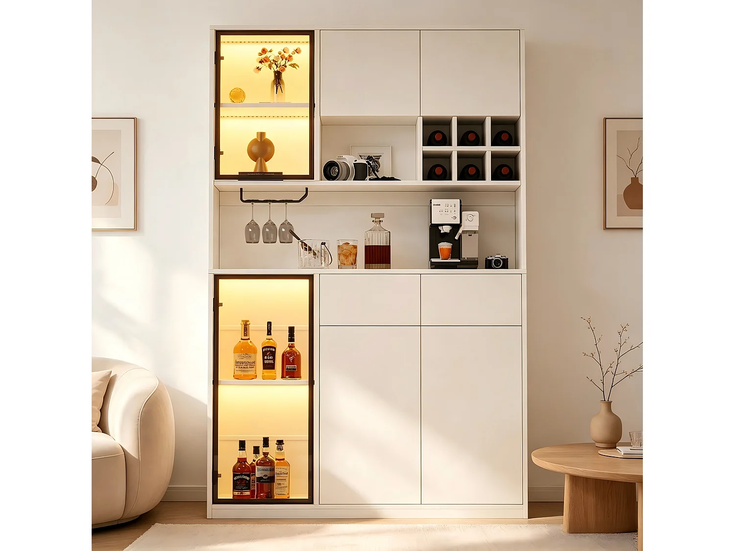 High cabinet 120x33x200 cm - 6 doors and 2 drawers - LED lighting and open shelves - MDF and tempered glass - White