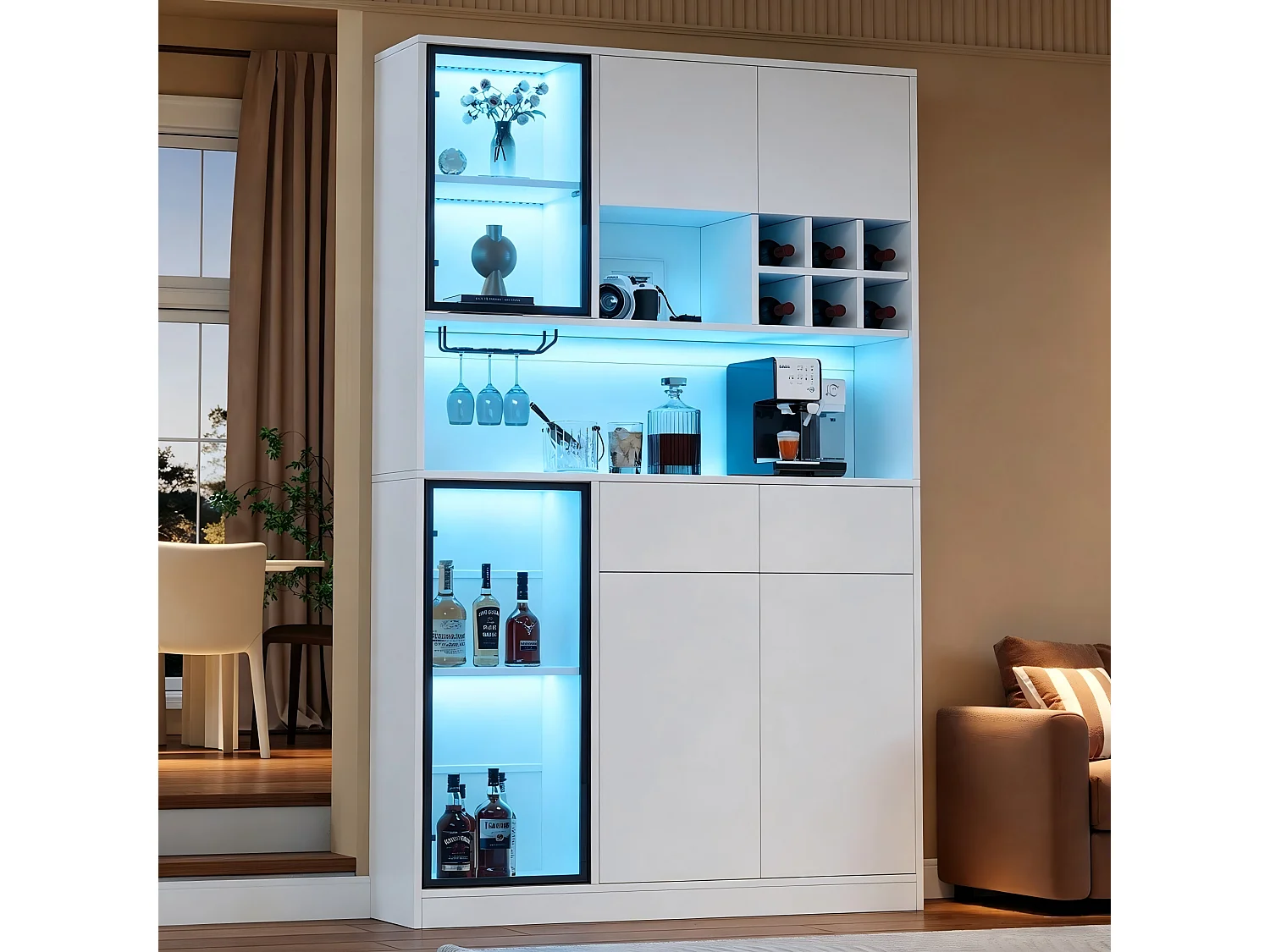 High cabinet 120x33x200 cm - 6 doors and 2 drawers - LED lighting and open shelves - MDF and tempered glass - White