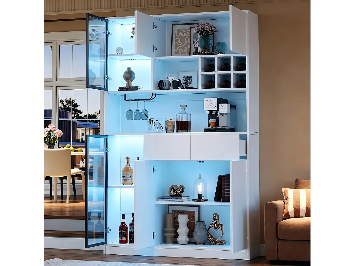 High cabinet 120x33x200 cm - 6 doors and 2 drawers - LED lighting and open shelves - MDF and tempered glass - White