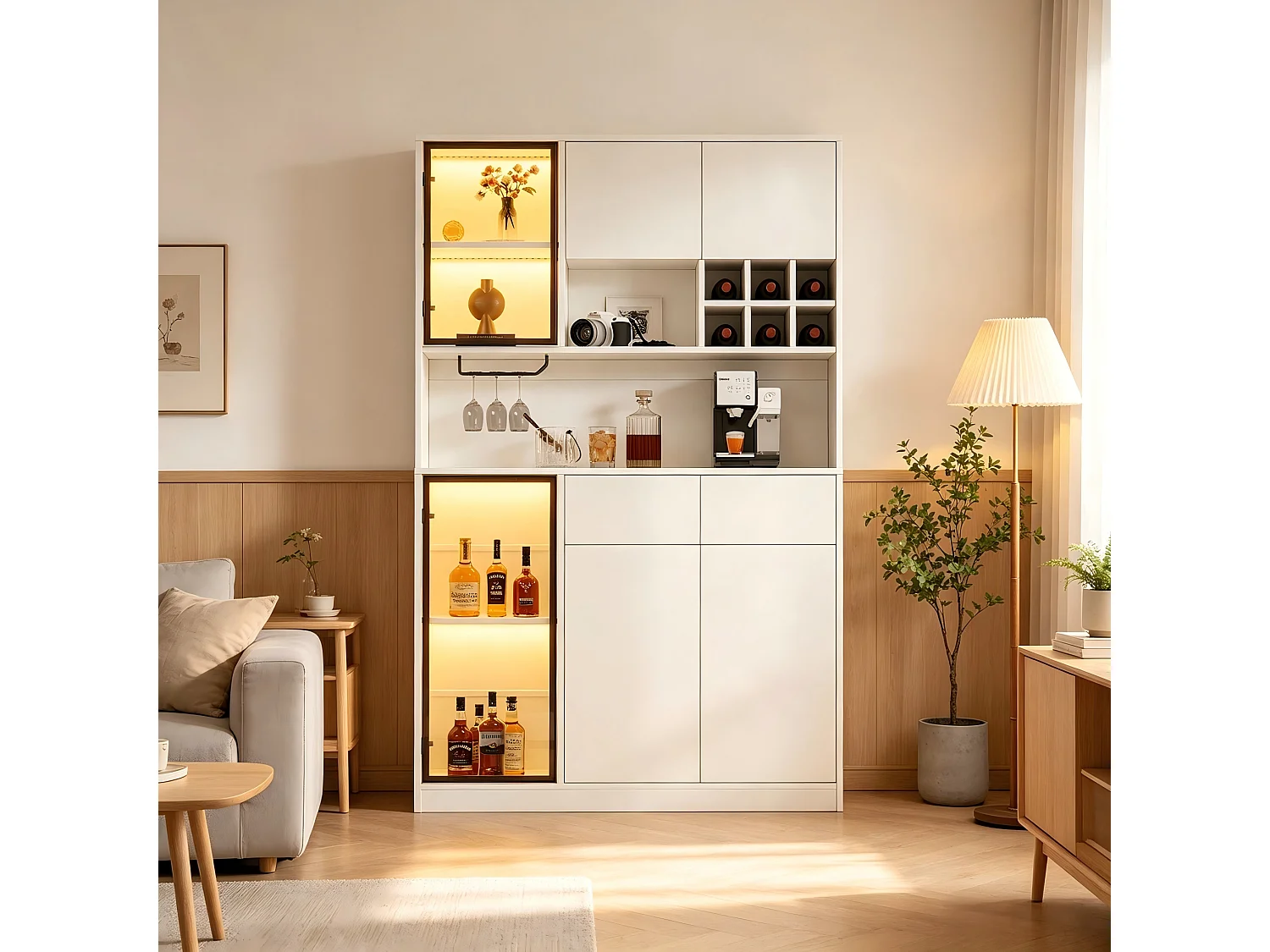 High cabinet 120x33x200 cm - 6 doors and 2 drawers - LED lighting and open shelves - MDF and tempered glass - White