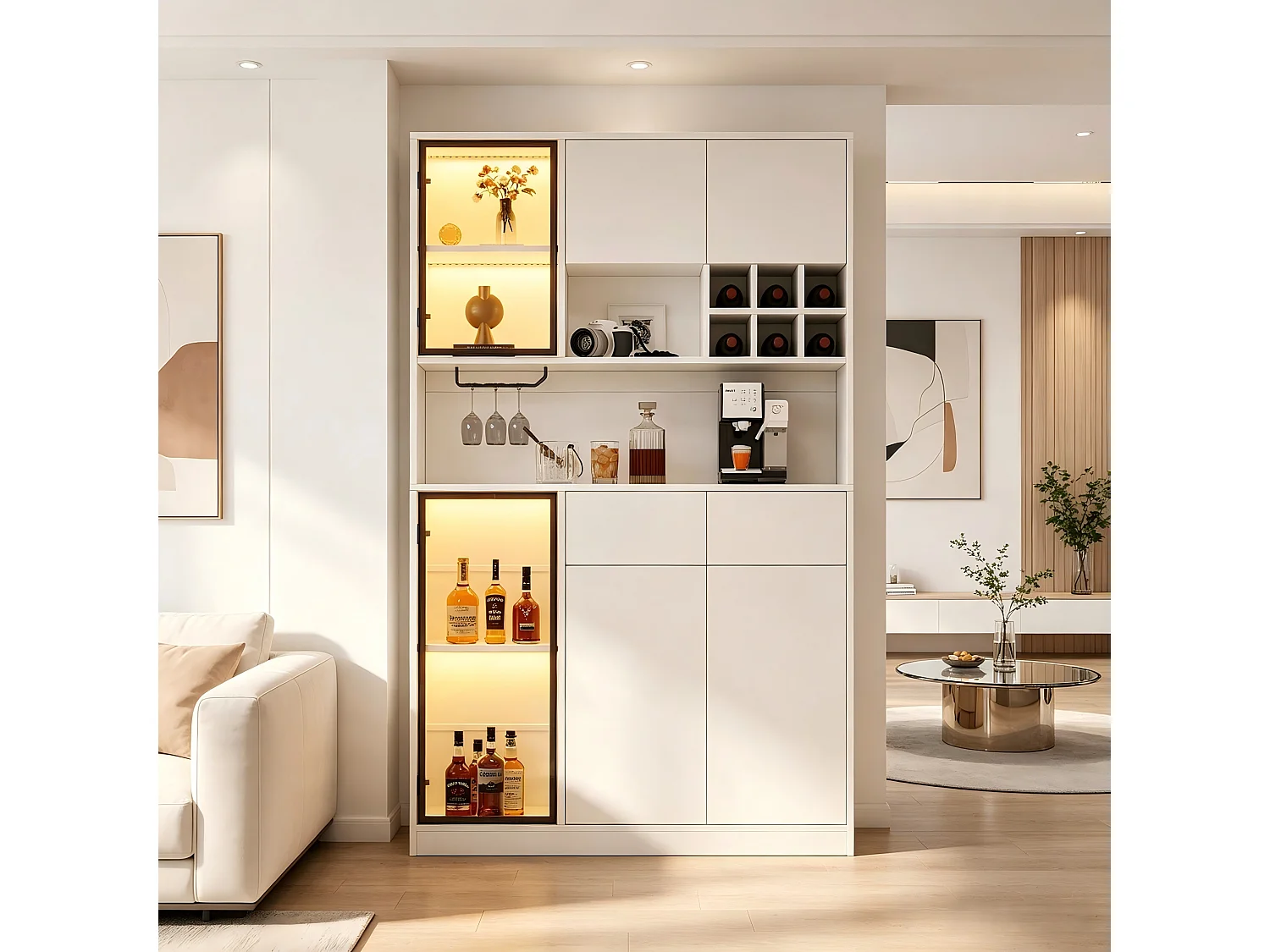 High cabinet 120x33x200 cm - 6 doors and 2 drawers - LED lighting and open shelves - MDF and tempered glass - White