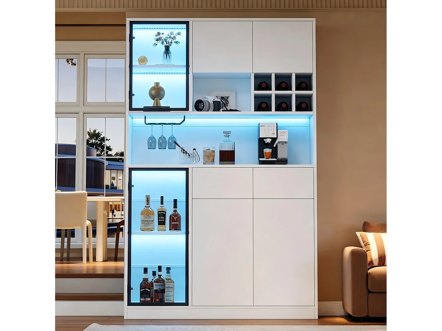 High cabinet 120x33x200 cm - 6 doors and 2 drawers - LED lighting and open shelves - MDF and tempered glass - White