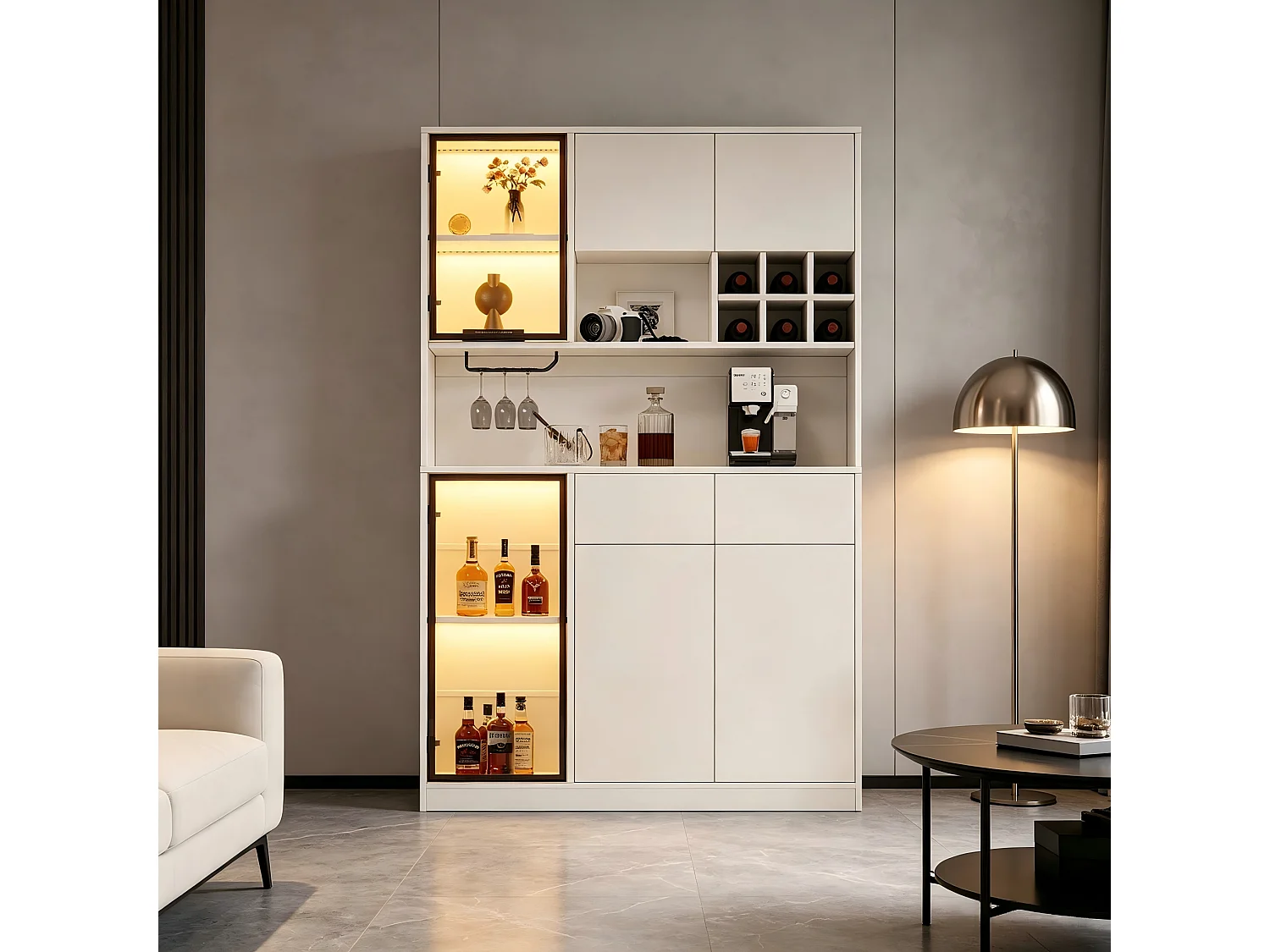 High cabinet 120x33x200 cm - 6 doors and 2 drawers - LED lighting and open shelves - MDF and tempered glass - White