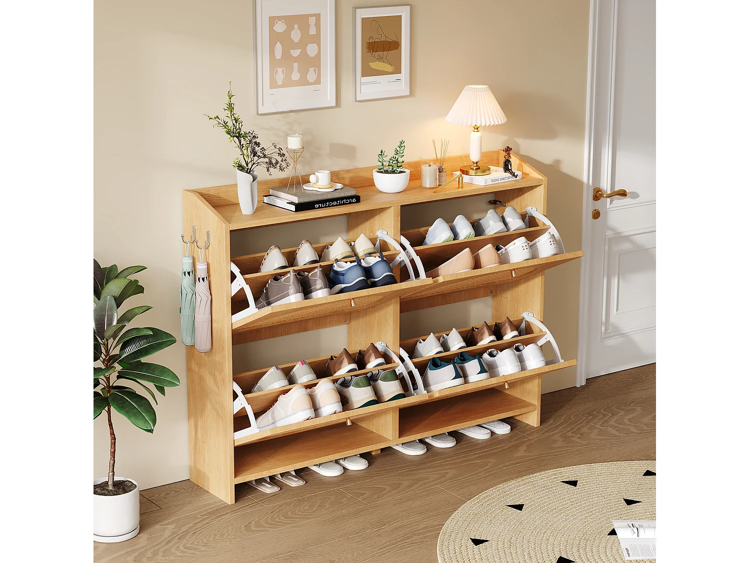 Schuhschrank mit 4 Türen, 8 Einlegeböden und 2 Haken – MDF/durchbrochenes Rattan – 120 x 24 x 90 cm – Naturholz