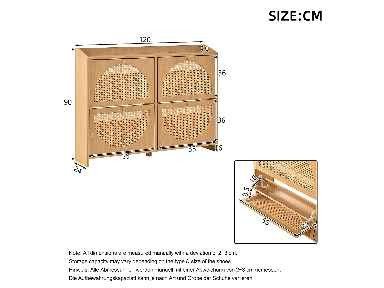 Schuhschrank mit 4 Türen, 8 Einlegeböden und 2 Haken – MDF/durchbrochenes Rattan – 120 x 24 x 90 cm – Naturholz